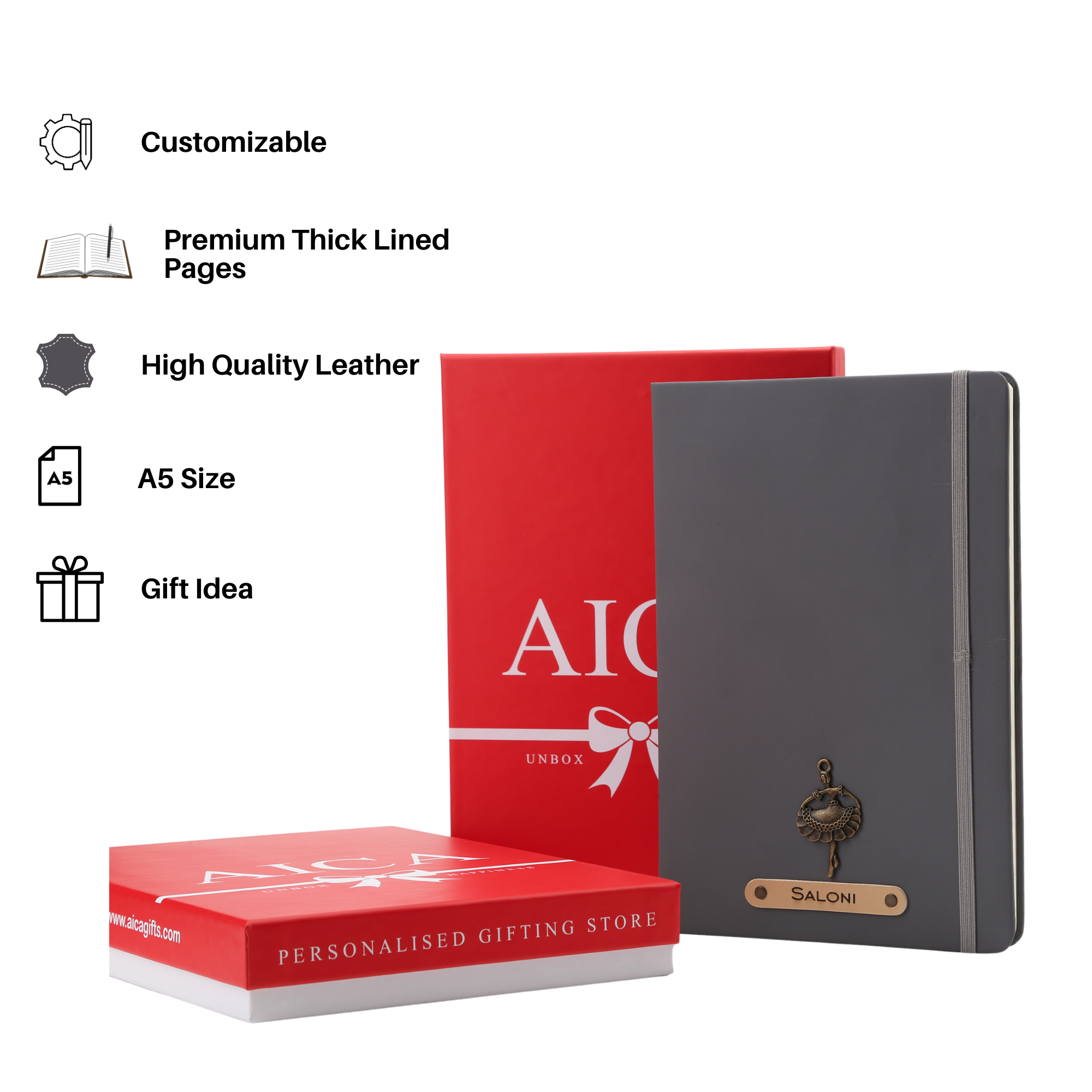 AICA Personalized Name & Charm Leather Notebook Diary -A5 Size, 180 Ruled Pages (Dark Grey)