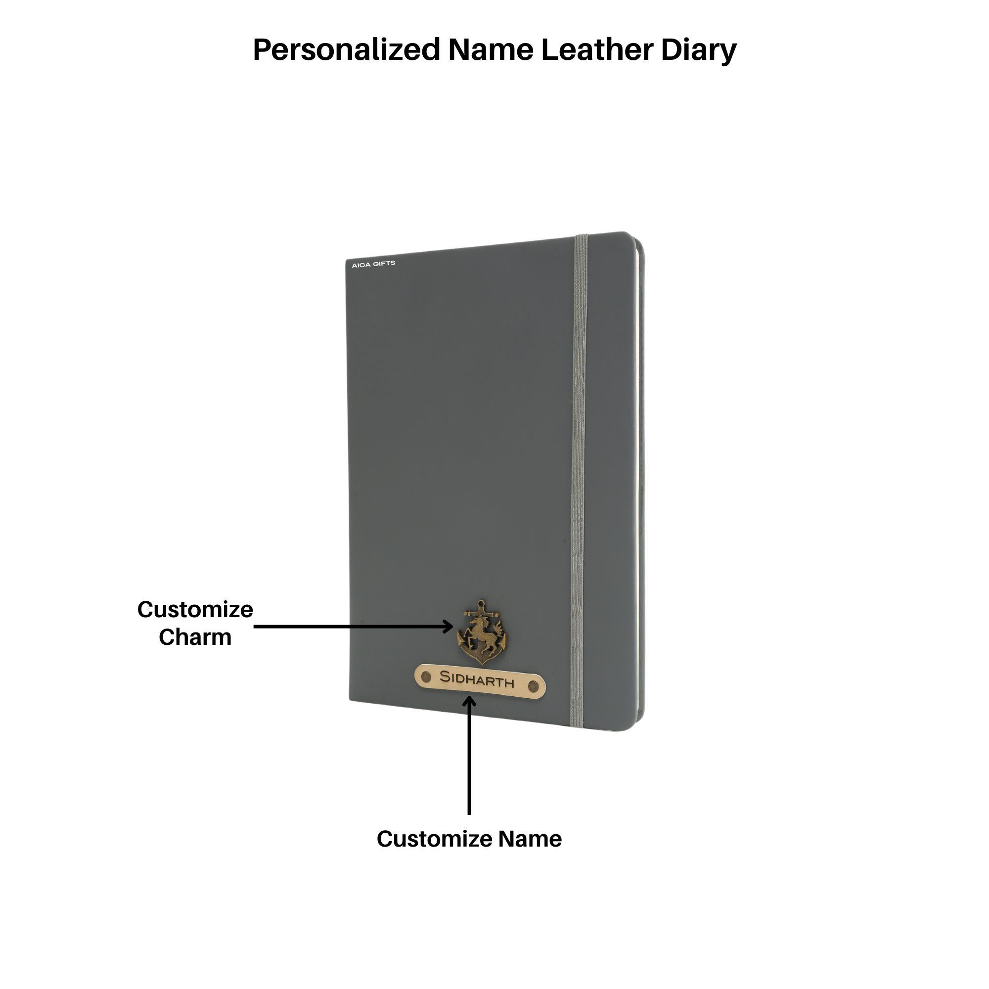 AICA Personalized Name & Charm Leather Notebook Diary -A5 Size, 180 Ruled Pages (Dark Grey)