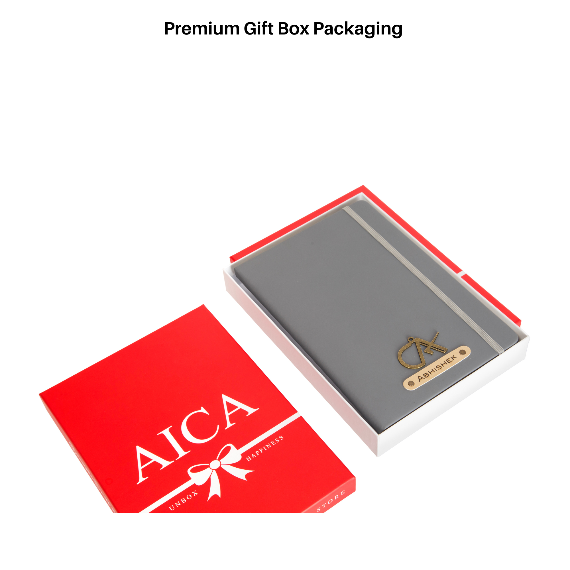 AICA Personalized Name & Charm Leather Notebook Diary -A5 Size, 180 Ruled Pages (Dark Grey)