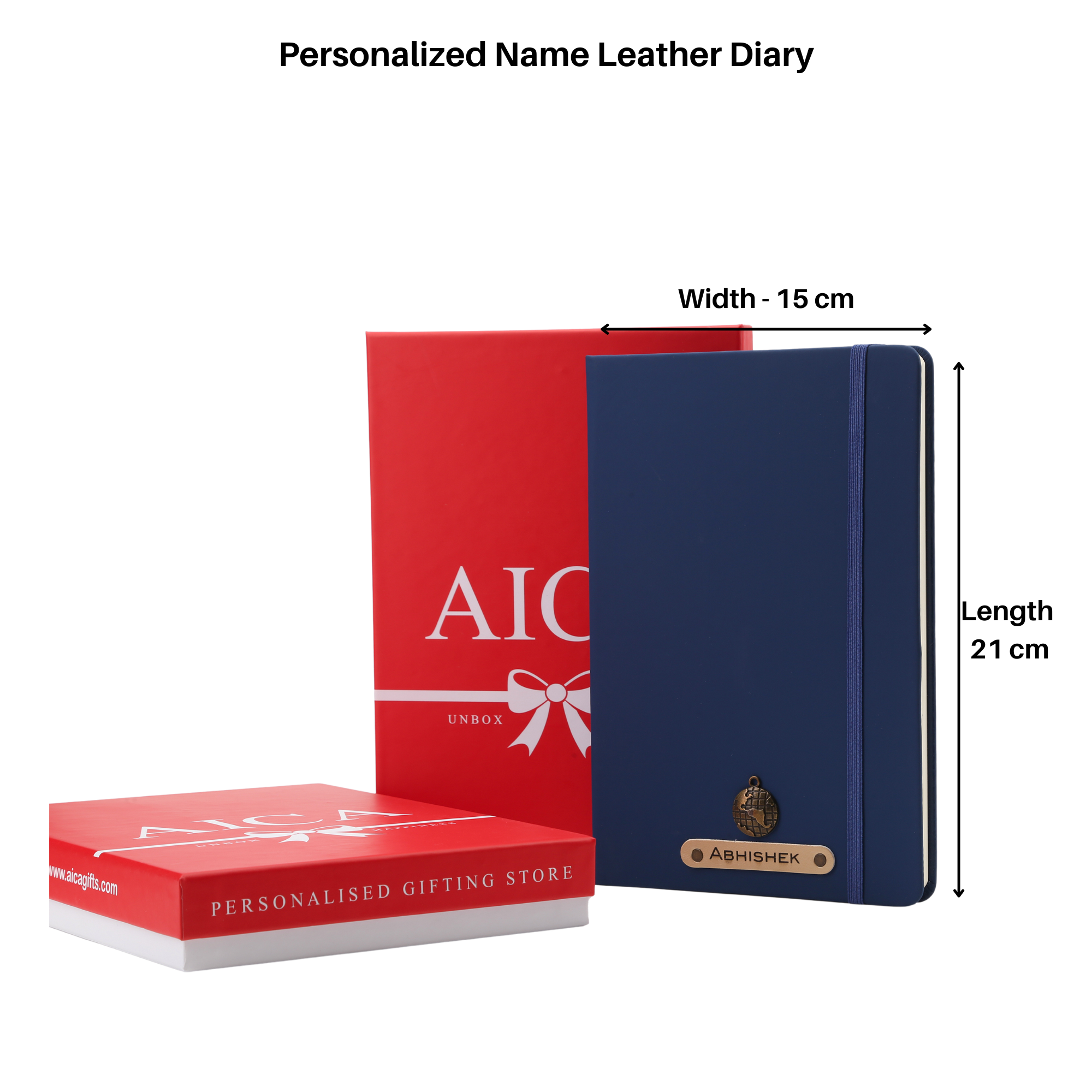 Aica Personalized Name & Charm Notebook Leather Diary - A5 Size, 180 Ruled Pages (Navy Blue) & Pen Golden Combo for Men & Women