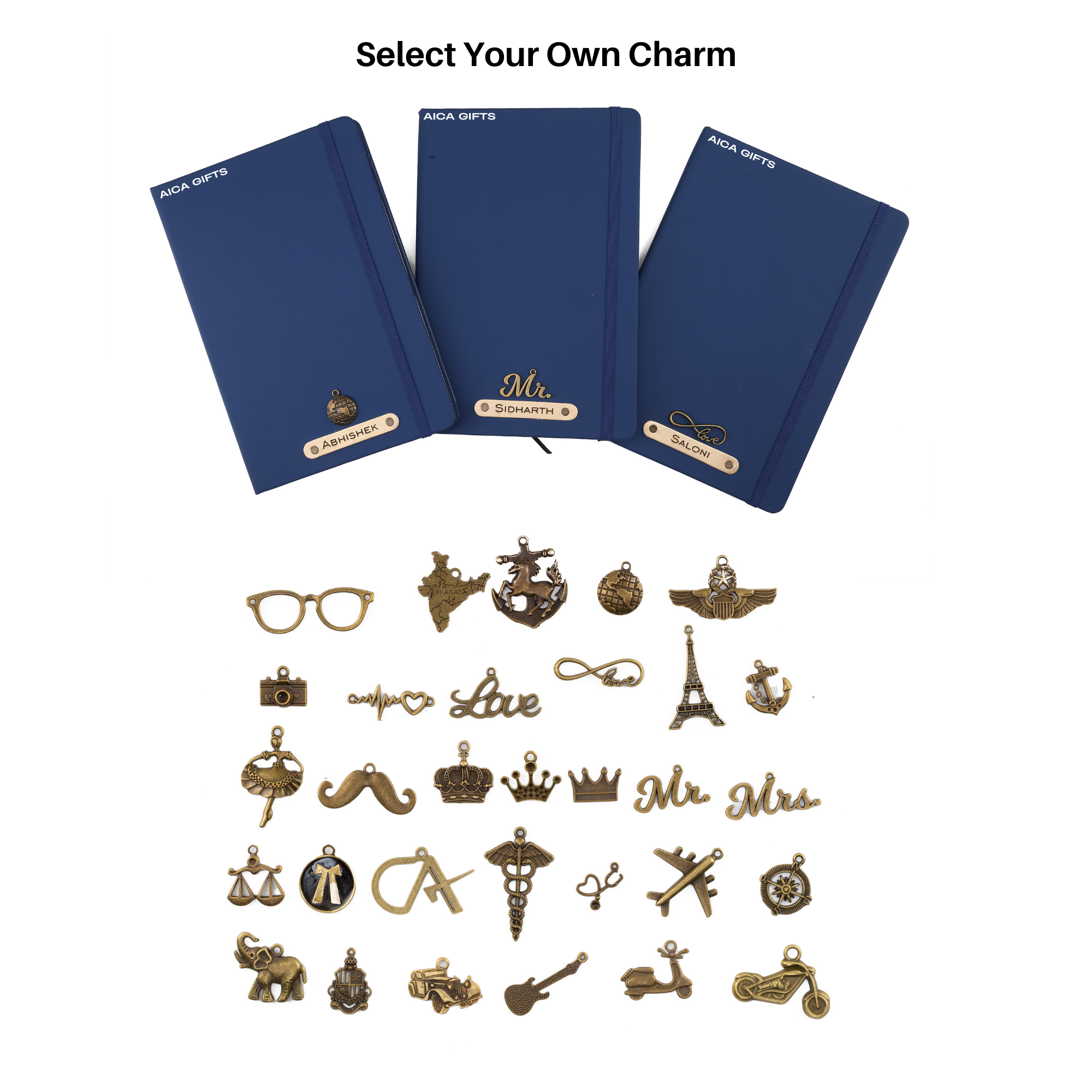 Aica Personalized Name & Charm Notebook Leather Diary - A5 Size, 180 Ruled Pages (Navy Blue) & Pen Golden Combo for Men & Women