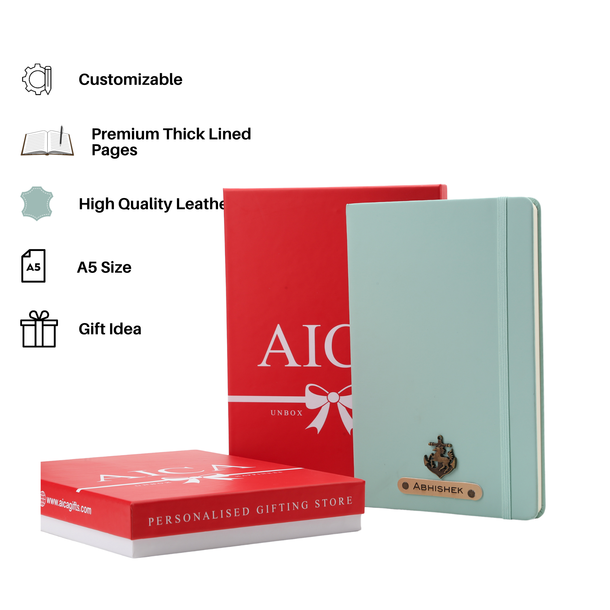 AICA Personalized Name & Charm Leather Notebook Diary -A5 Size, 180 Ruled Pages (Mint Green)