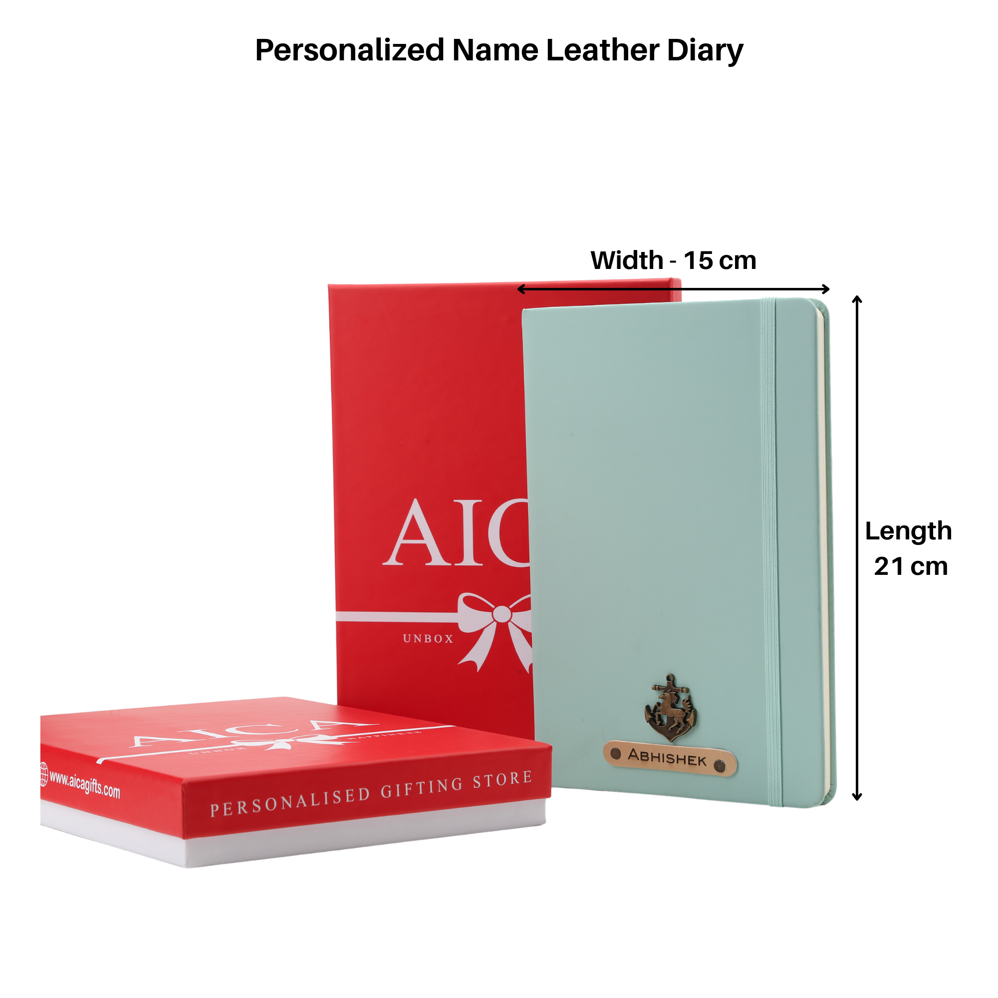 AICA Personalized Name & Charm Leather Notebook Diary -A5 Size, 180 Ruled Pages (Mint Green)