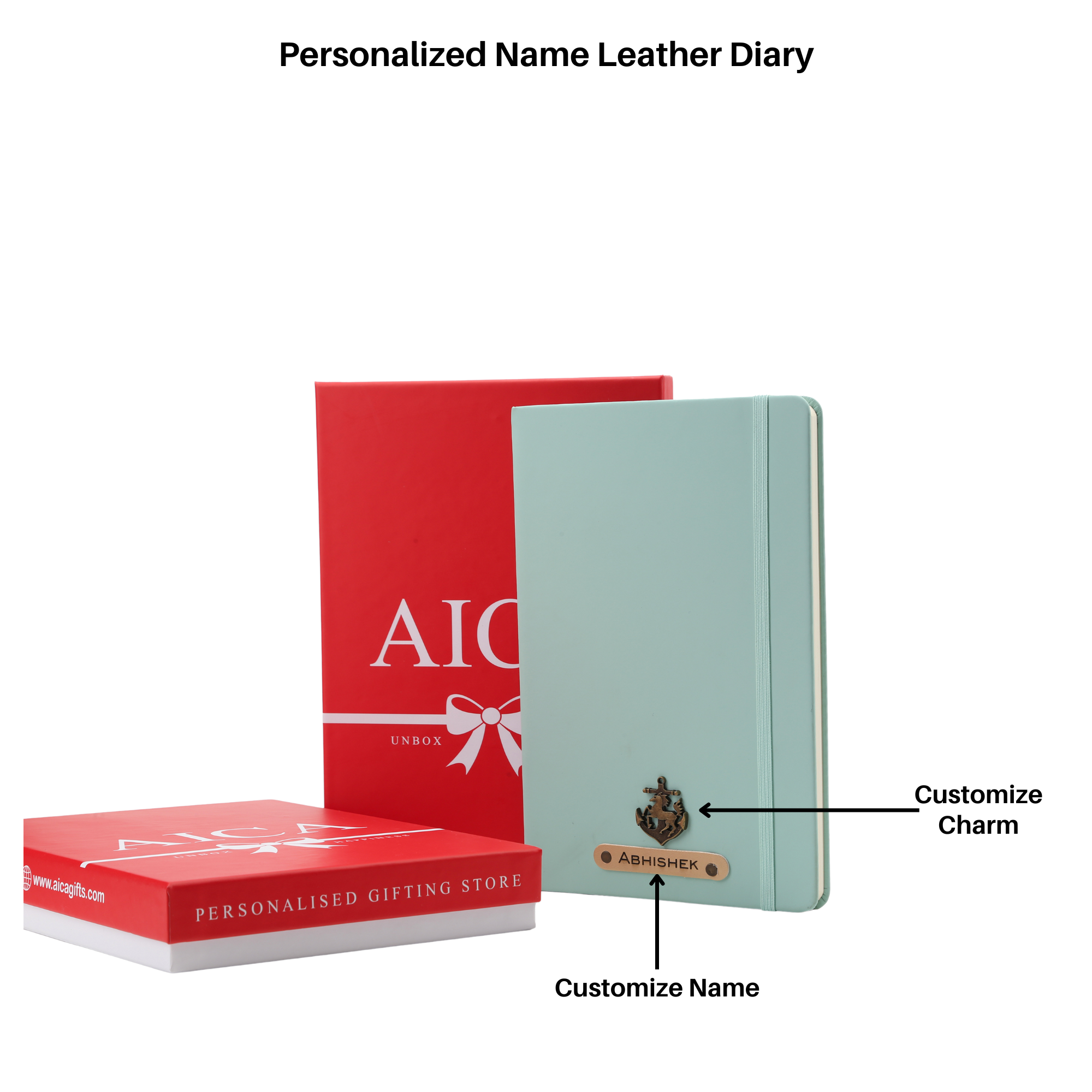 AICA Personalized Name & Charm Leather Notebook Diary -A5 Size, 180 Ruled Pages (Mint Green)