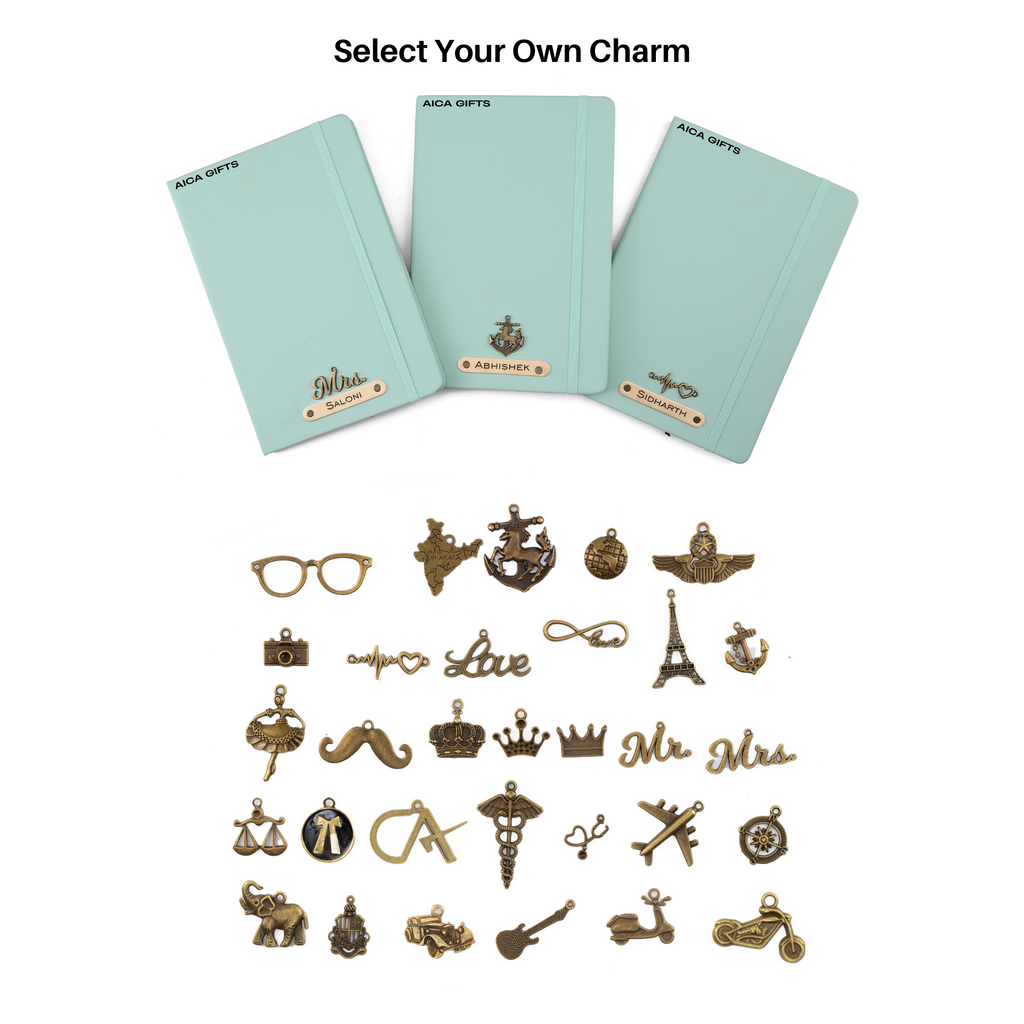 AICA Personalized Name & Charm Leather Notebook Diary -A5 Size, 180 Ruled Pages (Mint Green)