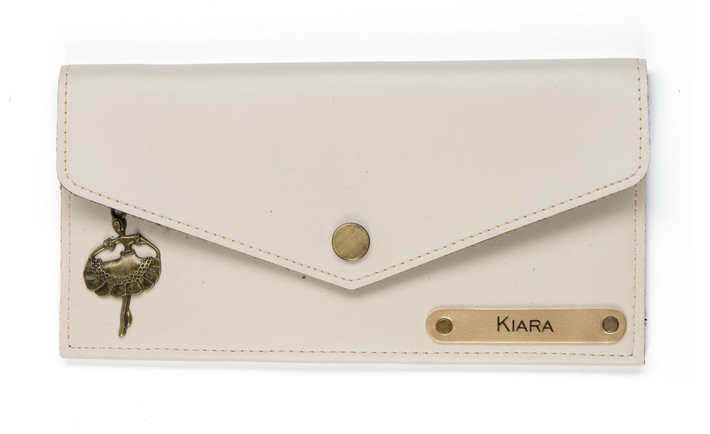 AICA Personalized Name & Charm Leather Wallet Gift for Women (Cream)