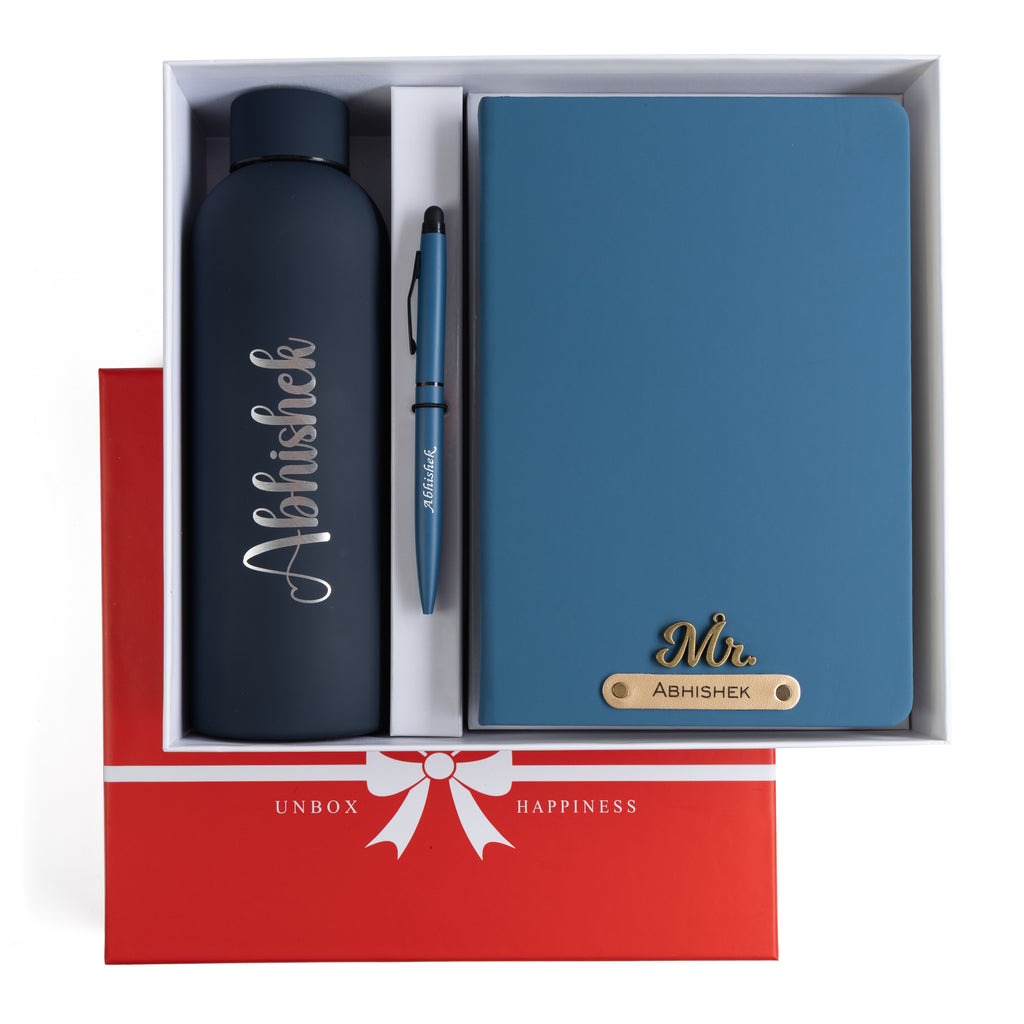 Personalized Diary Pen & Bottle – 3pcsGift Set (Navy Blue)