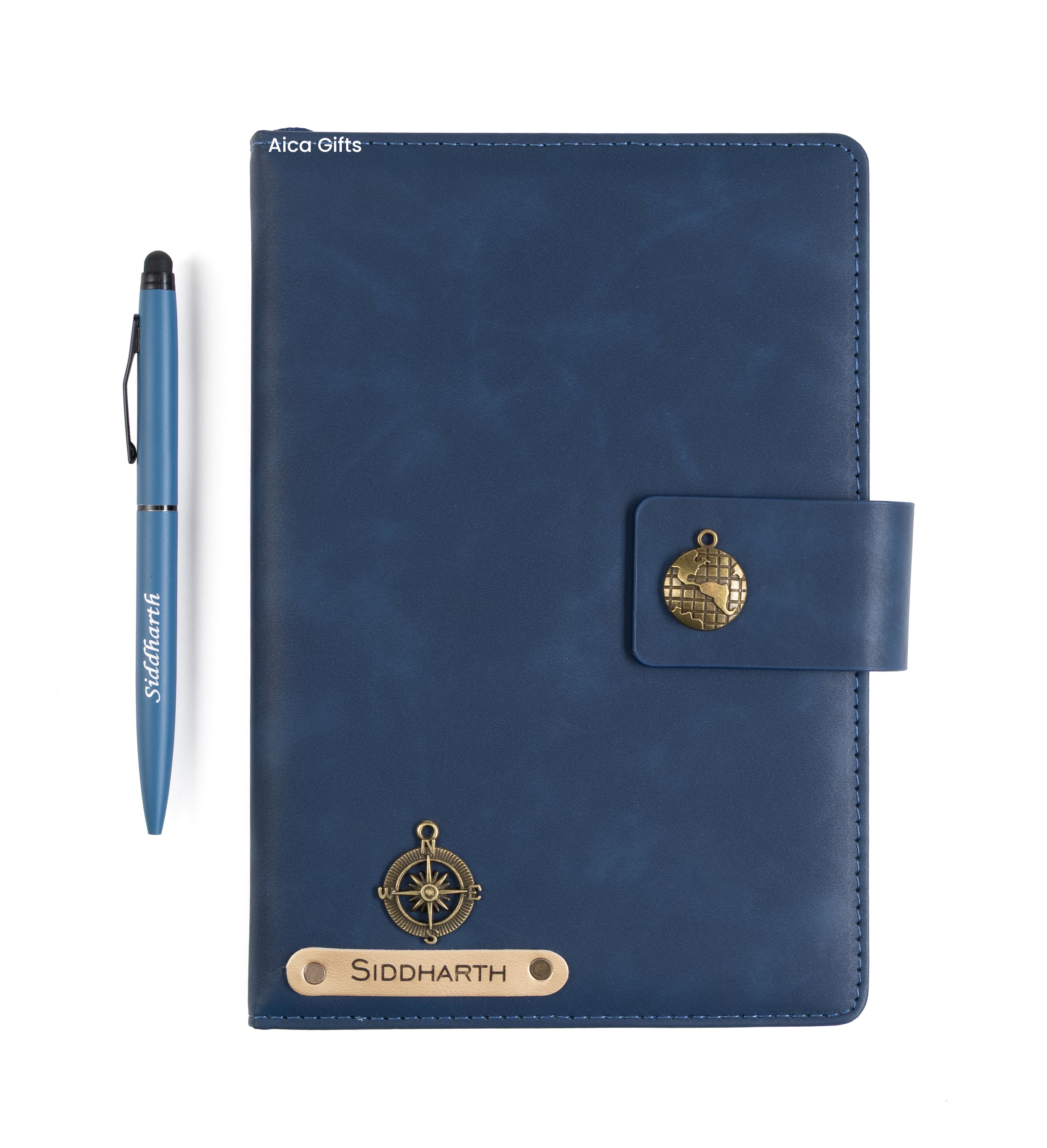 AICA Personalized Name & Charm Leather Magnetic Diary & Pen Combo (Navyblue)
