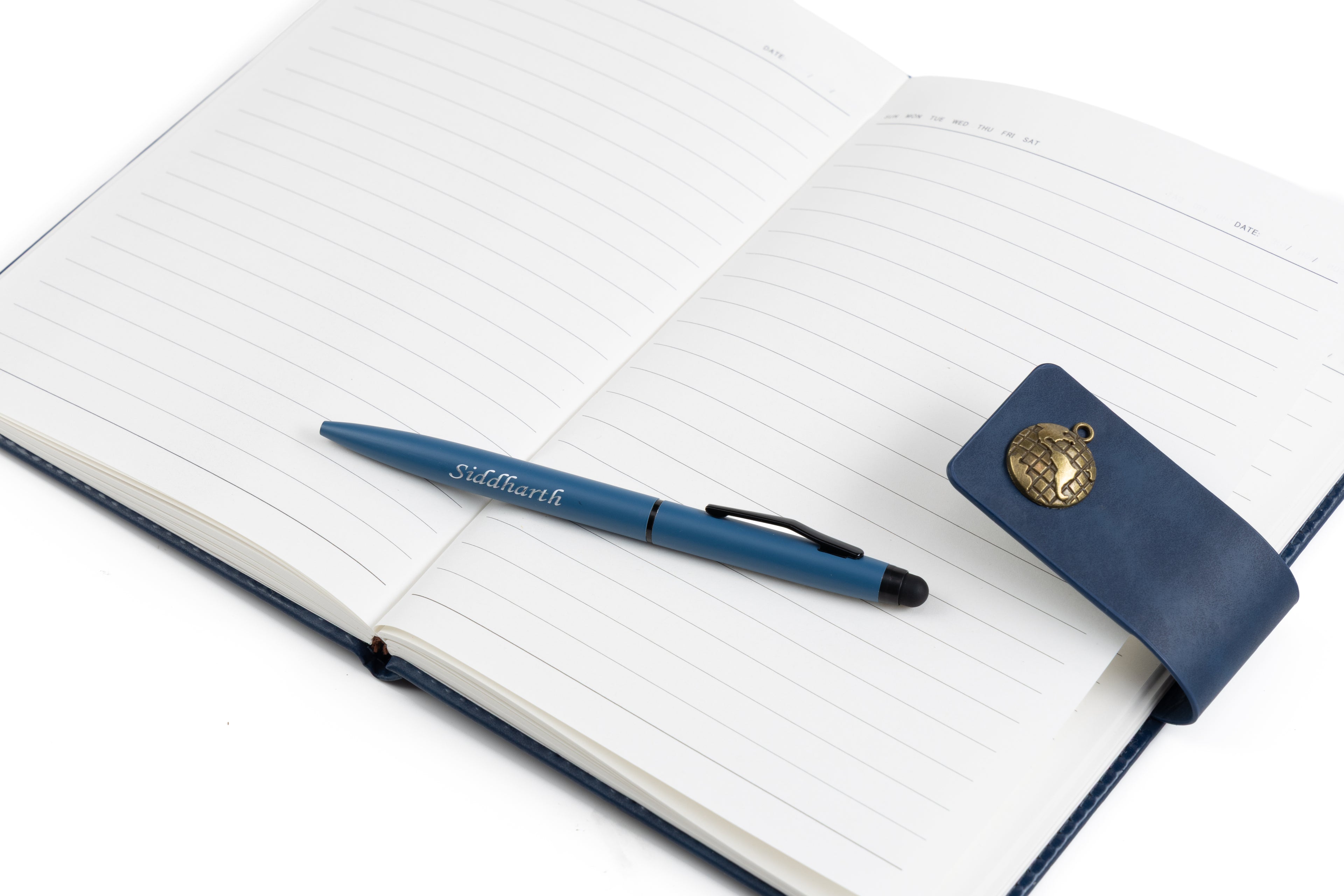 AICA Personalized Name & Charm Leather Magnetic Diary & Pen Combo (Navyblue)