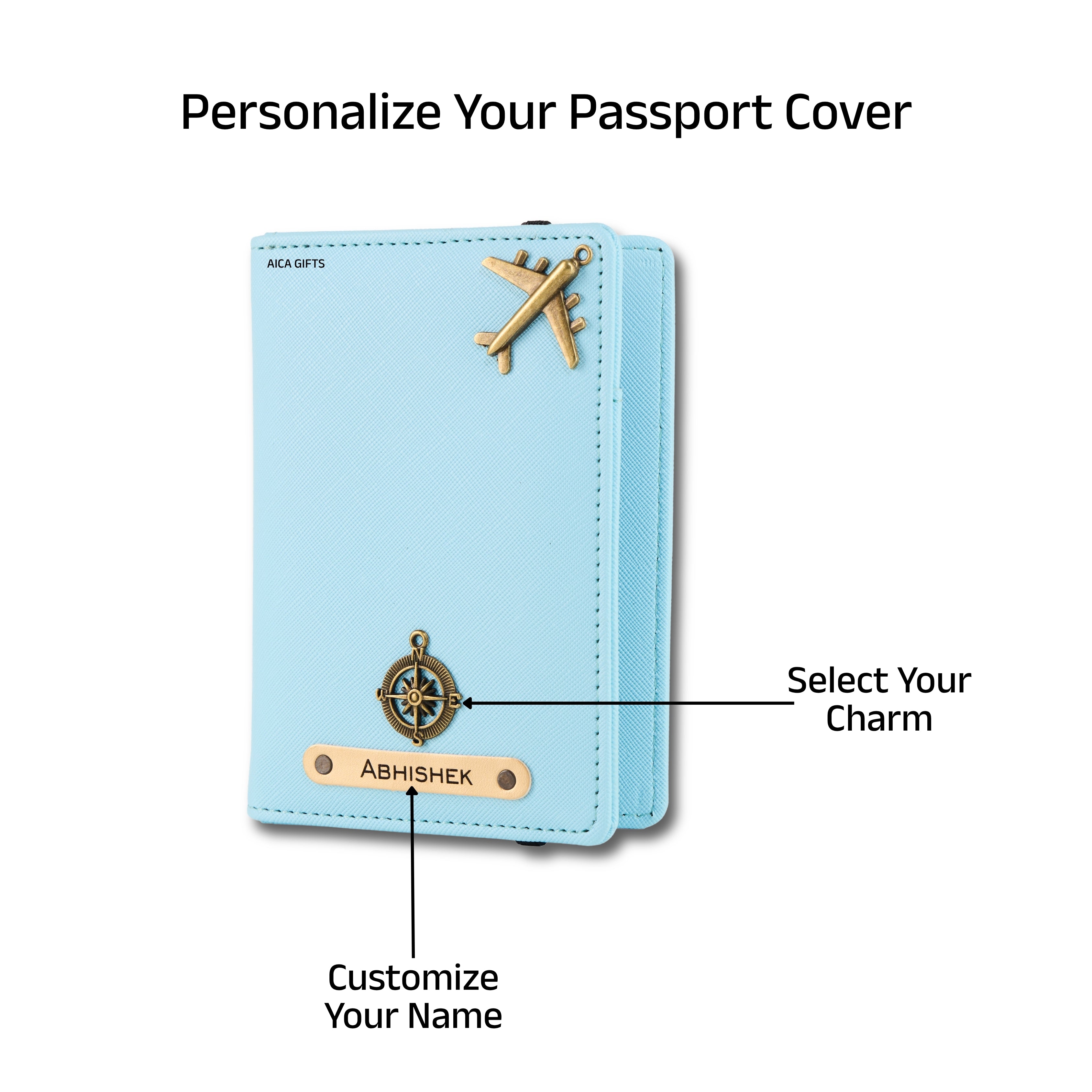 AICA Personalised Name & Charm Leather Passport Cover Holder for Men & Women (Babyblue) | Gifts for Man | Gift for Woman | Return Gifts for Birthday | Passport Cover for Men & Women