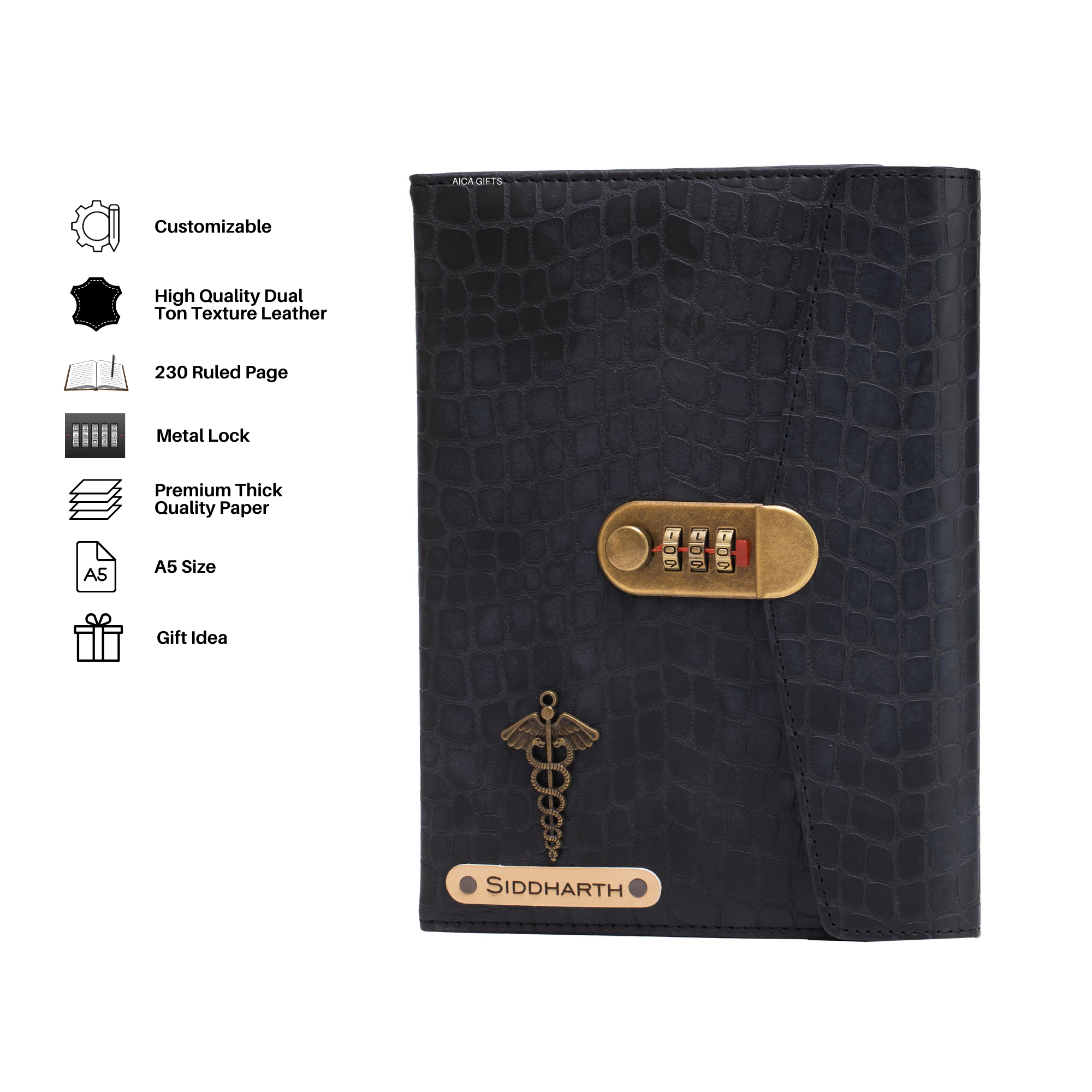 Personalized Lock Diary – A5 Size 230 Pages (Black)