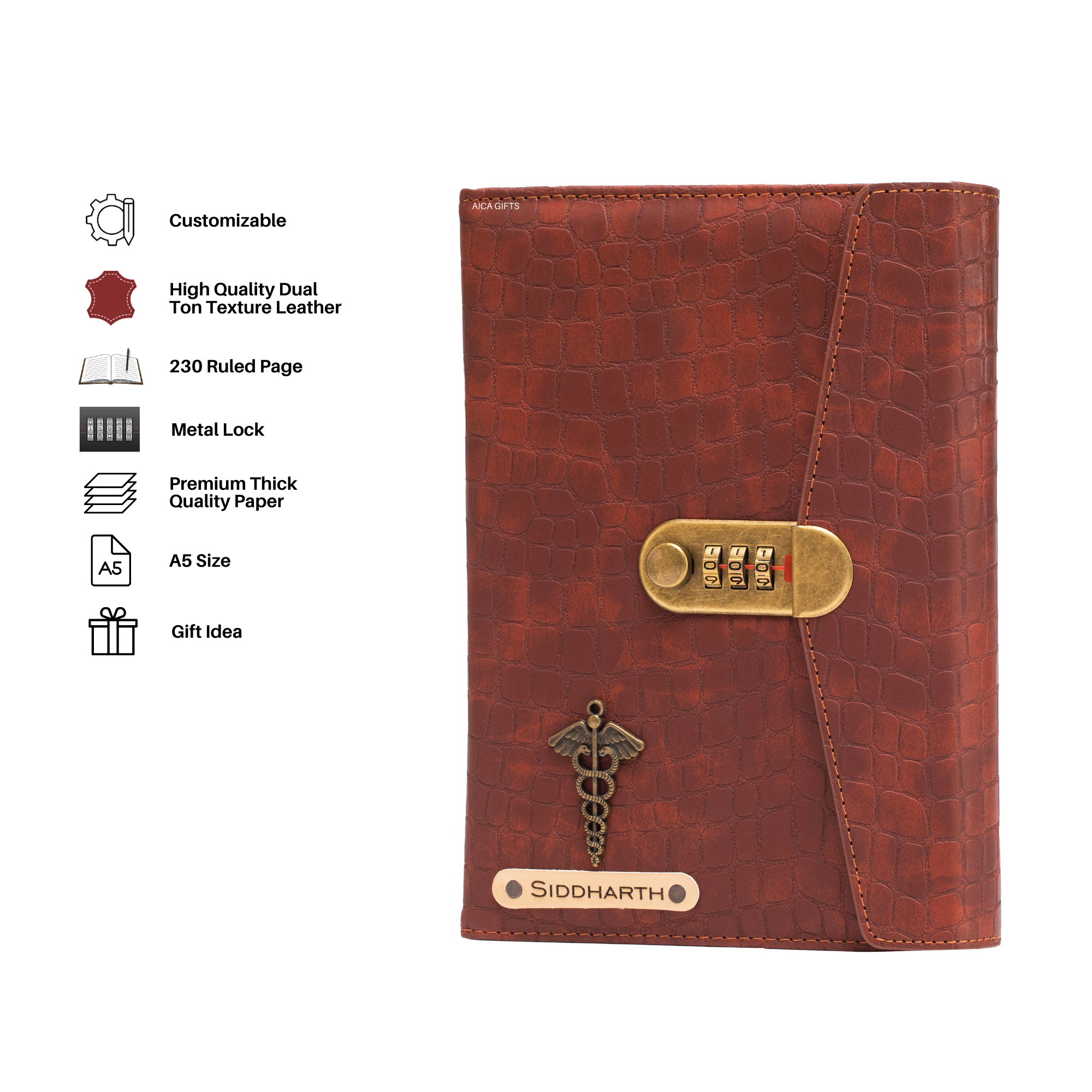 Personalized Lock Diary – A5 Size 230 Pages  - TanBrown