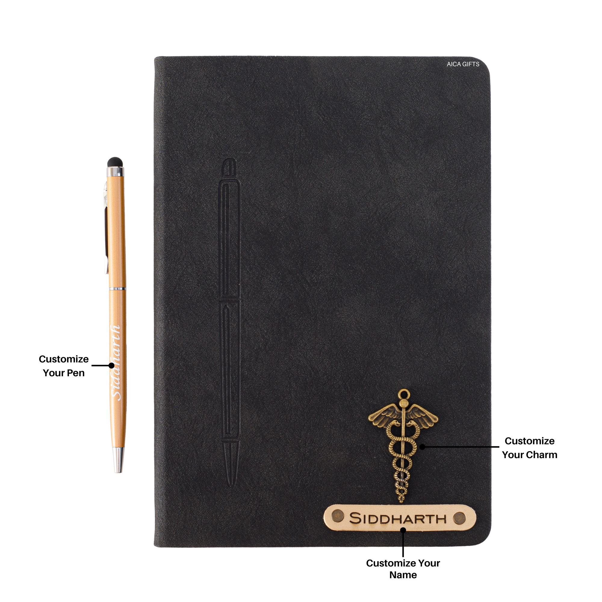 Personalized Magnetic Pen Stick Diary -A5 Size 180 Pages  (Black)