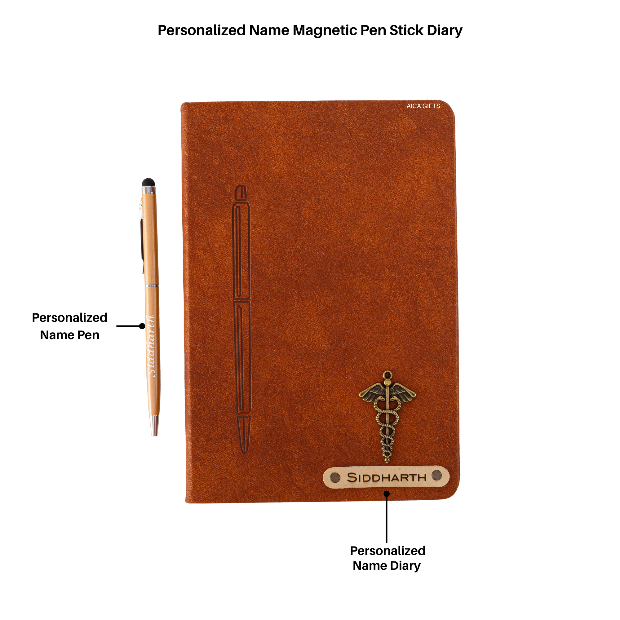 Personalized Magnetic Pen Stick Diary -A5 Size 180 Pages (Tan Brown)