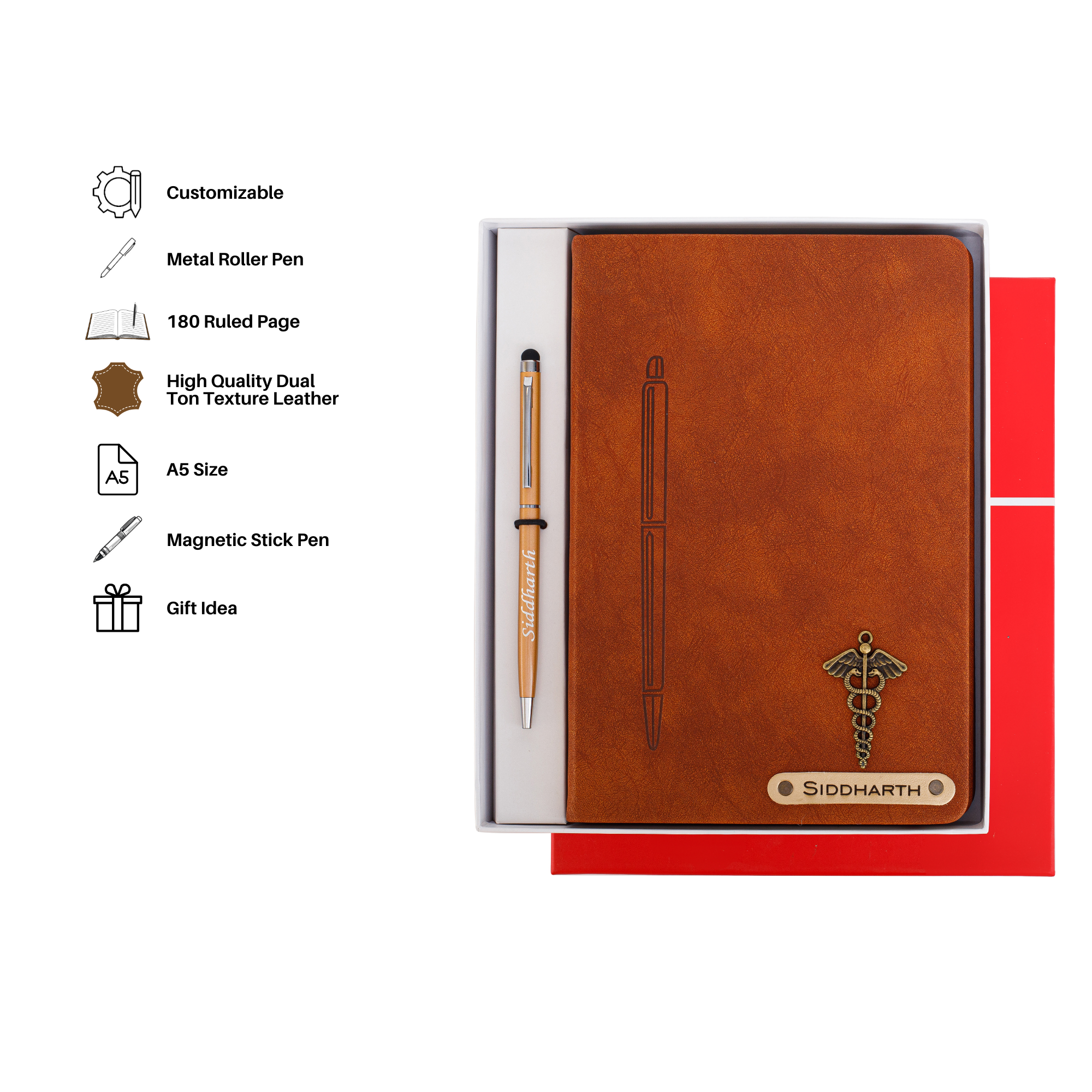 Personalized Magnetic Pen Stick Diary -A5 Size 180 Pages (Tan Brown)