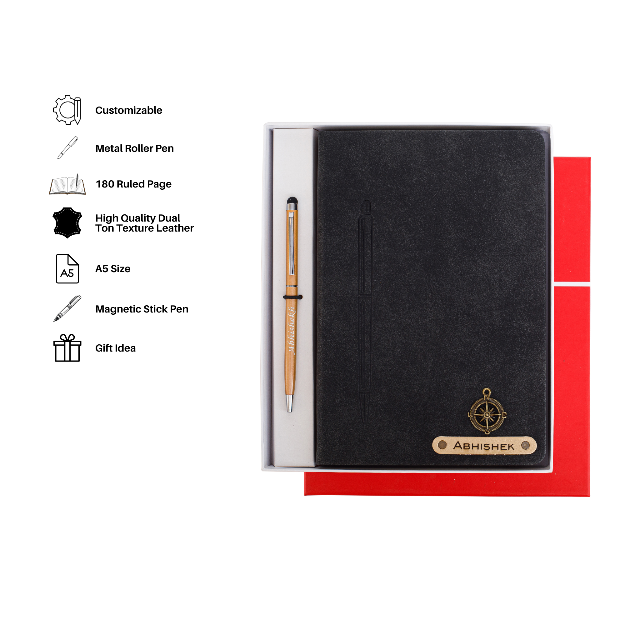 Personalized Magnetic Pen Stick Diary -A5 Size 180 Pages  (Black)