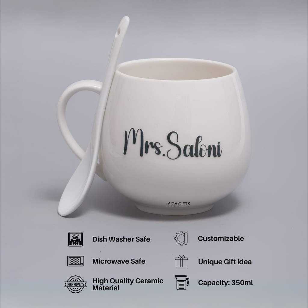 AICA Personalized Name Couple Ceramic Coffee Mug Set - 2pcs (Black & White) 350ml with Spoon