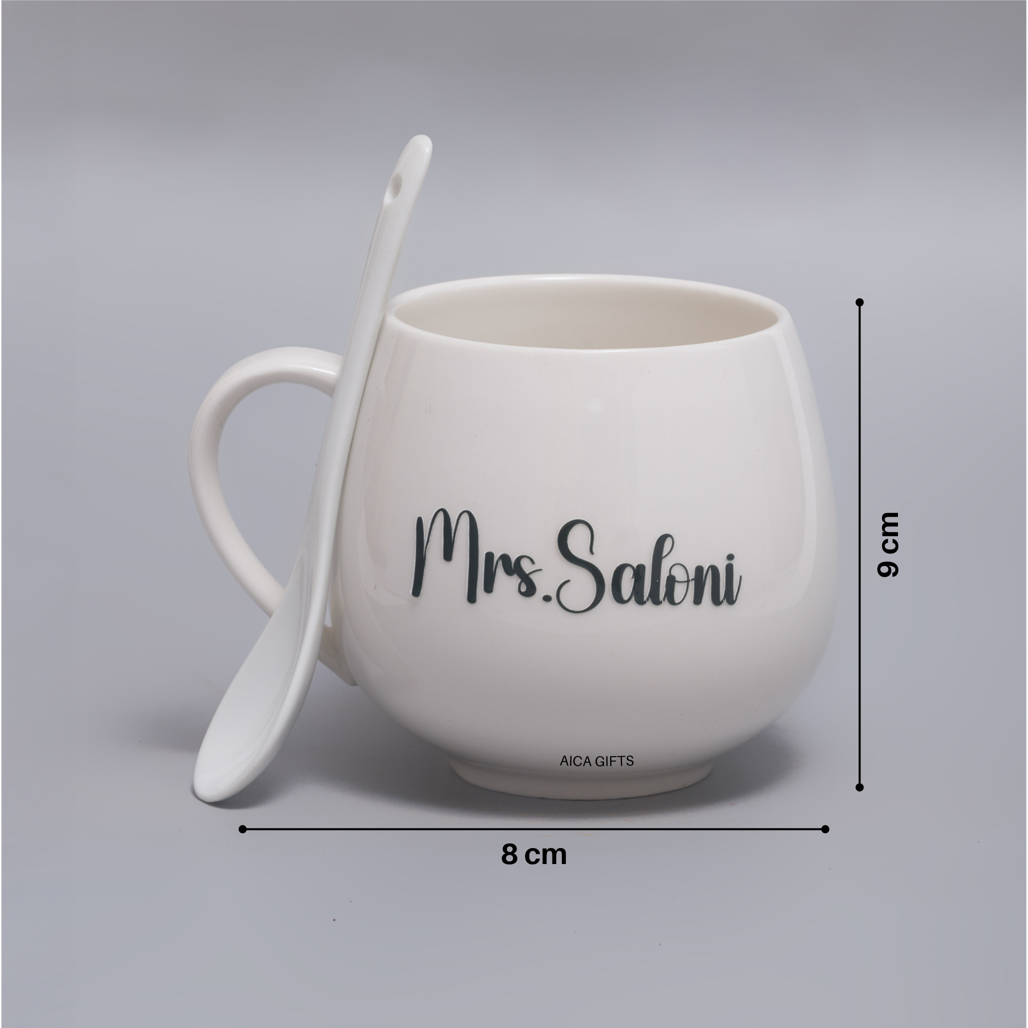 AICA Personalized Name Couple Ceramic Coffee Mug Set - 2pcs (Black & White) 350ml with Spoon