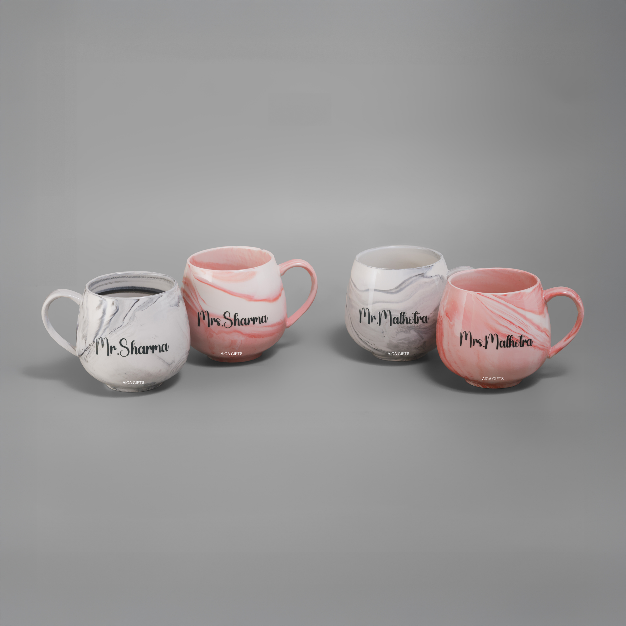 AICA Personalized Name Couple Ceramic Coffee Mug Set - 2pcs (Pink & Grey) 350ml with Spoon