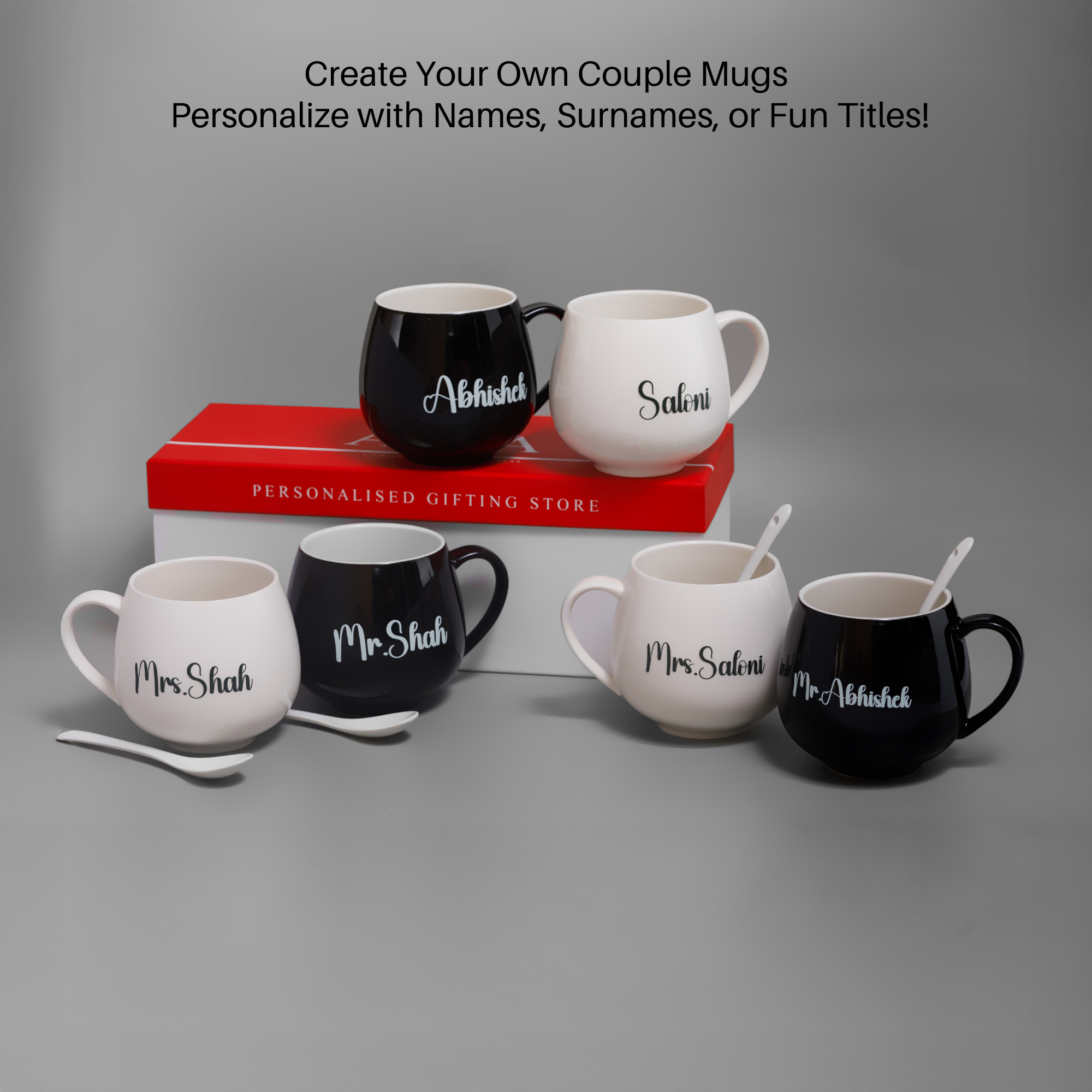 AICA Personalized Name Couple Ceramic Coffee Mug Set - 2pcs (Black & White) 350ml with Spoon