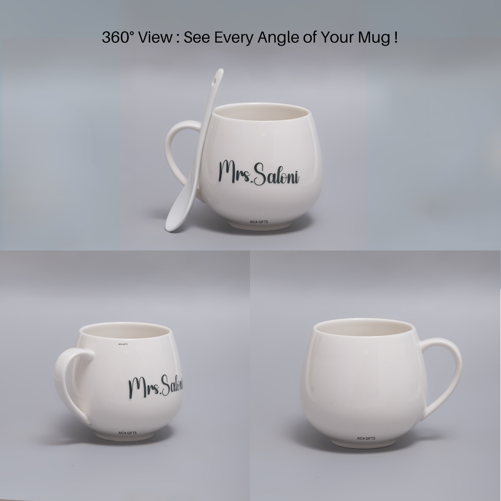 AICA Personalized Name Couple Ceramic Coffee Mug Set - 2pcs (Black & White) 350ml with Spoon