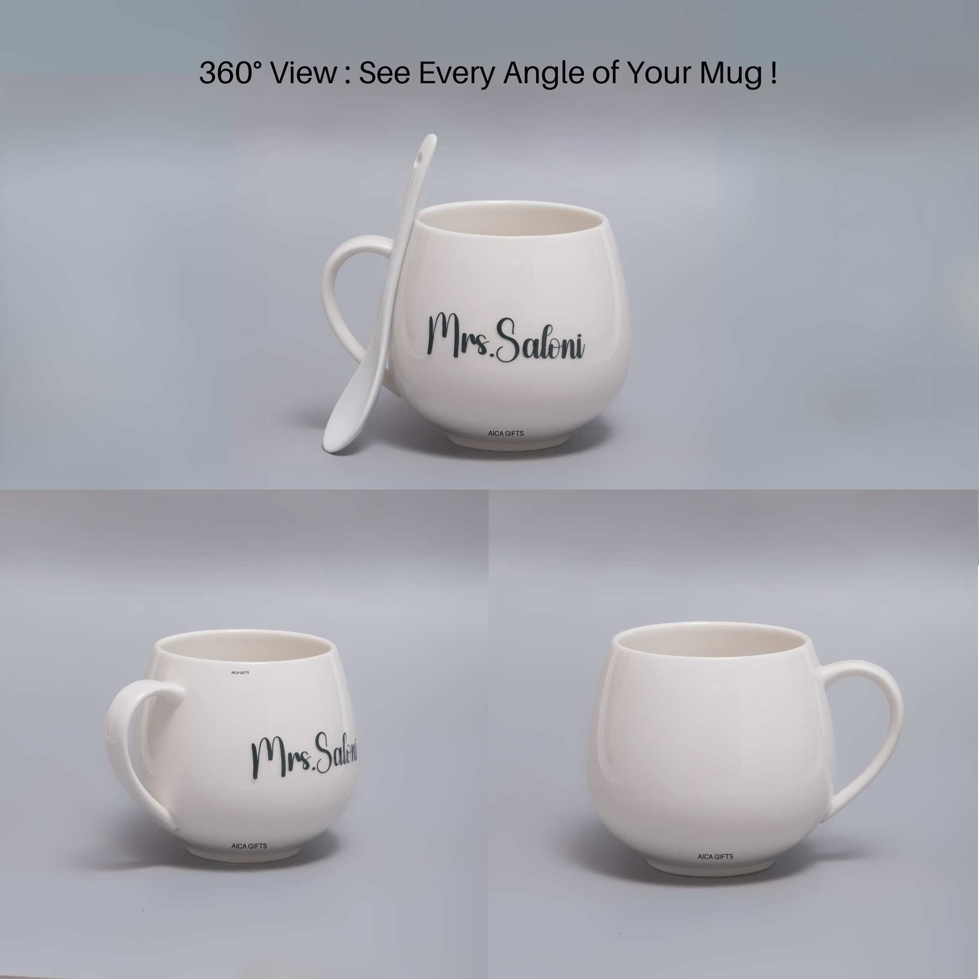 AICA Personalized Name Couple Ceramic Coffee Mug Set - 2pcs (Black & White) 350ml with Spoon