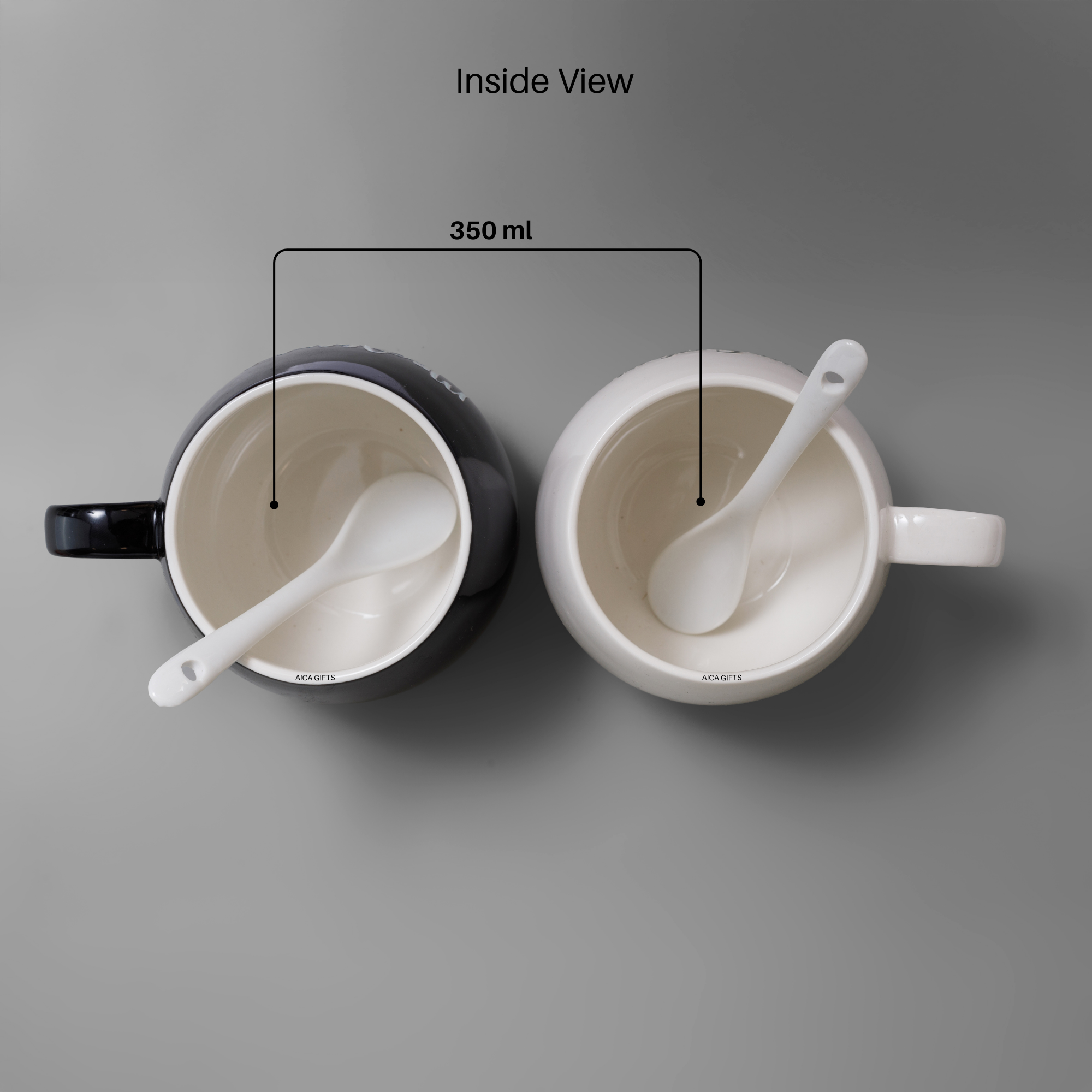AICA Personalized Name Couple Ceramic Coffee Mug Set - 2pcs (Black & White) 350ml with Spoon