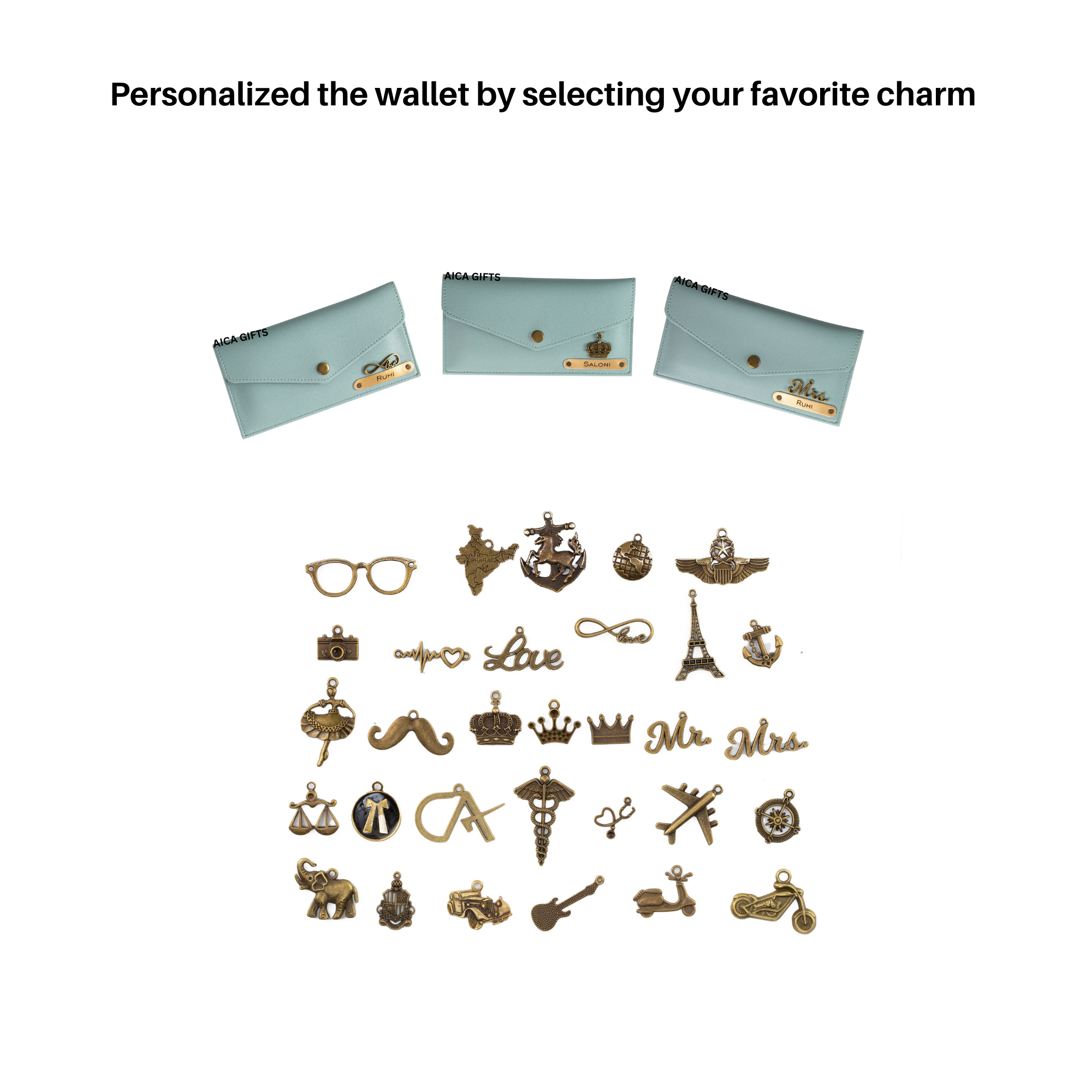 AICA Personalised Name & Charm Leather Wallet Gift for Women (Babyblue) | Womens Day Gift for Ladies Women Wife Girlfriend Mom Sister
