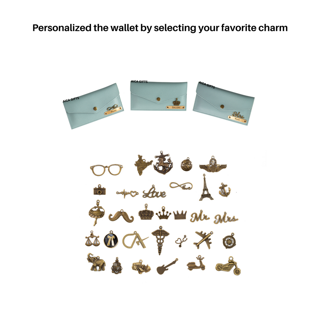 AICA Personalised Name & Charm Leather Wallet Gift for Women (Babyblue) | Womens Day Gift for Ladies Women Wife Girlfriend Mom Sister