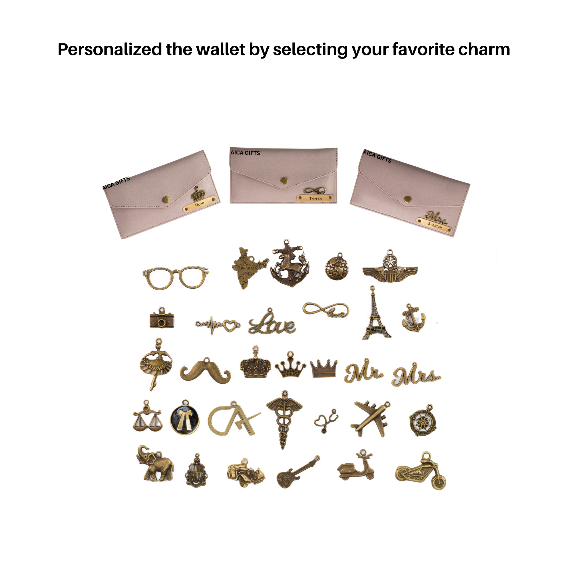 AICA Personalised Name & Charm Leather Wallet Gift for Women (Babyblue) | Womens Day Gift for Ladies Women Wife Girlfriend Mom Sister