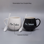 AICA Personalized Name Couple Ceramic Coffee Mug Set - 2pcs (Black & White) 350ml with Spoon