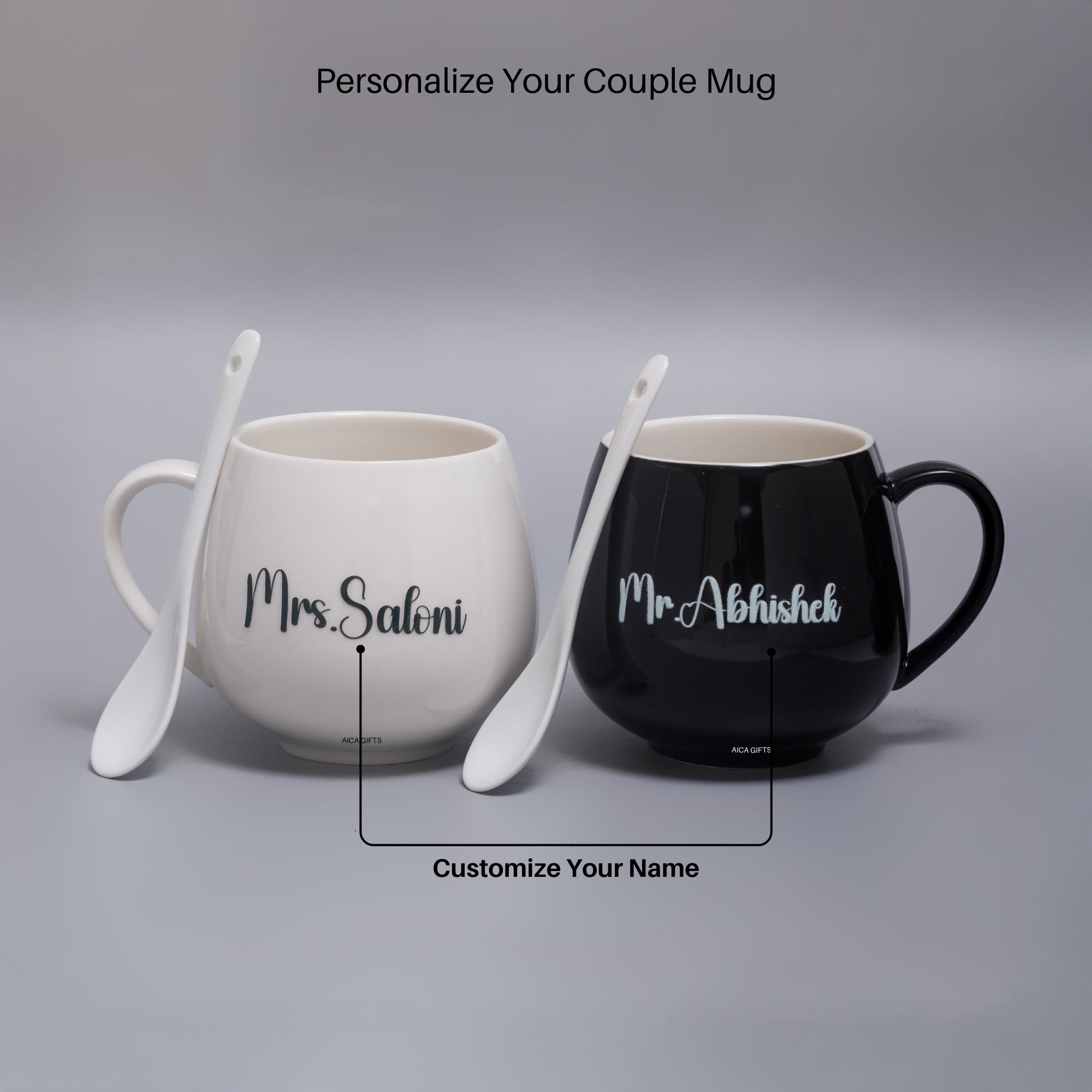 AICA Personalized Name Couple Ceramic Coffee Mug Set - 2pcs (Black & White) 350ml with Spoon