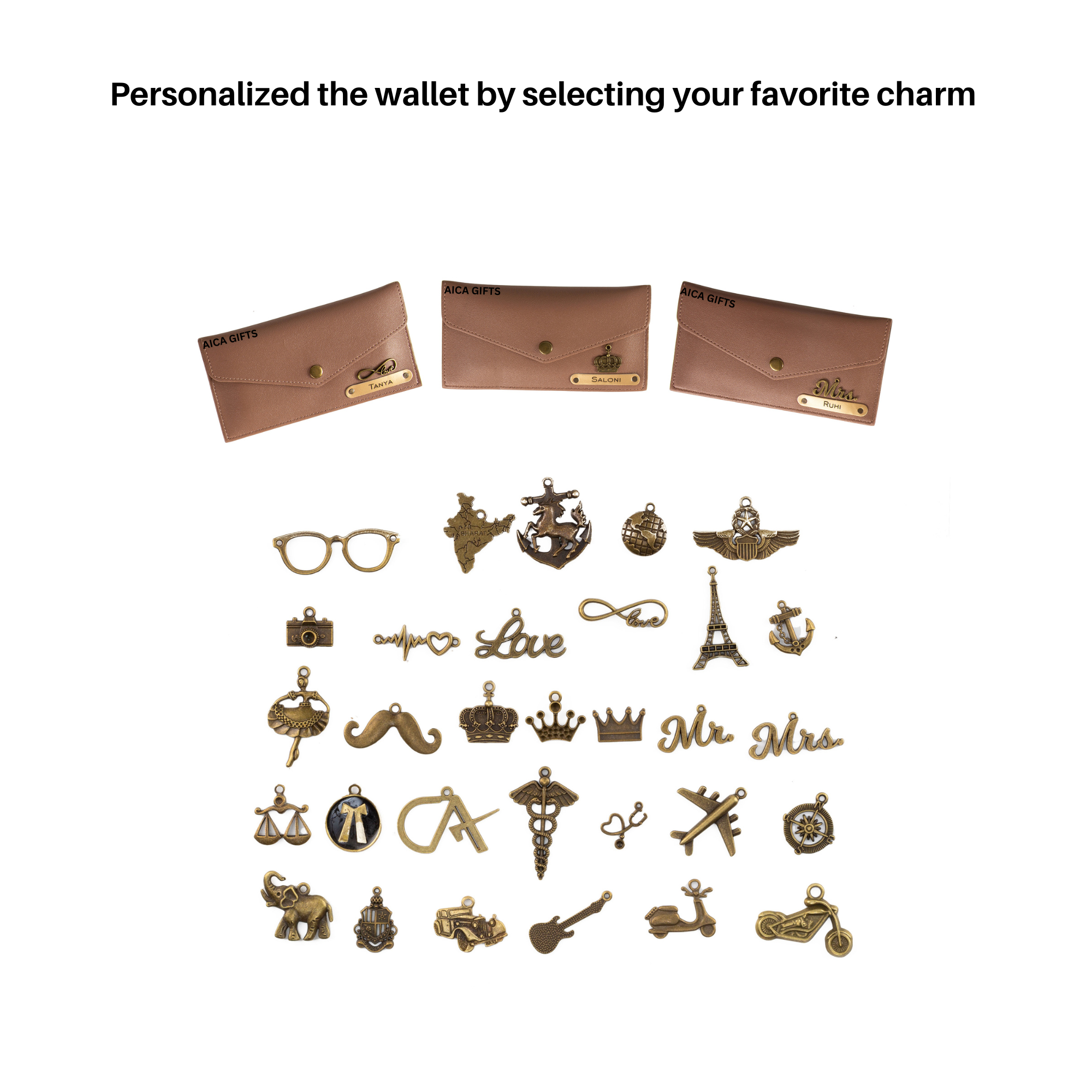 AICA Personalised Name & Charm Leather Wallet Gift for Women (Bedge Brown) | Gifts for Mom Sister Girl Friends