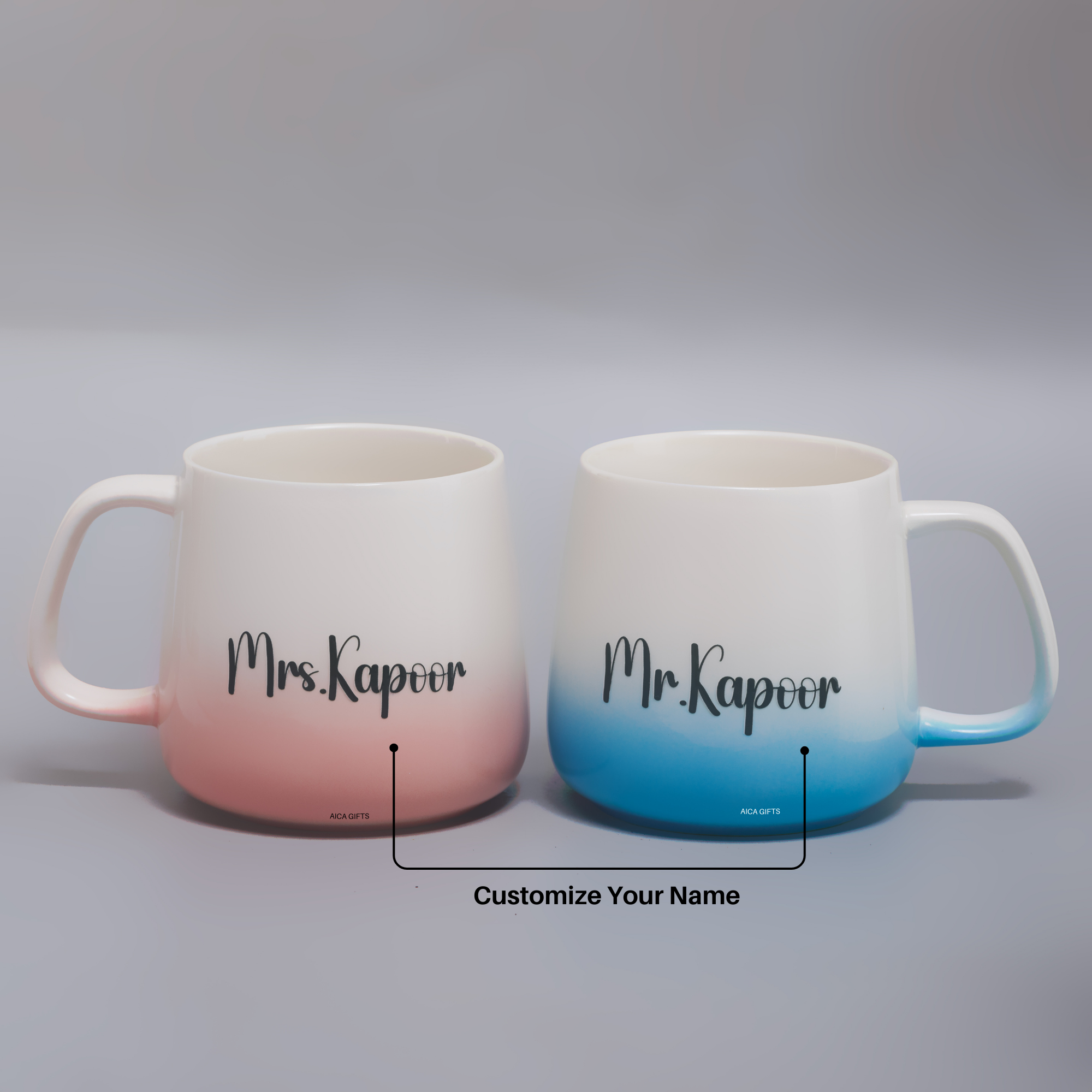 AICA Personalized Mr Mrs Couple Coffee Mugs Set 350ml |Customized Gift for Valentine Wedding Birthday Anniversary Gift for Husband Wife Girlfriend Boyfriend Groom Bride (Blue & Pink)