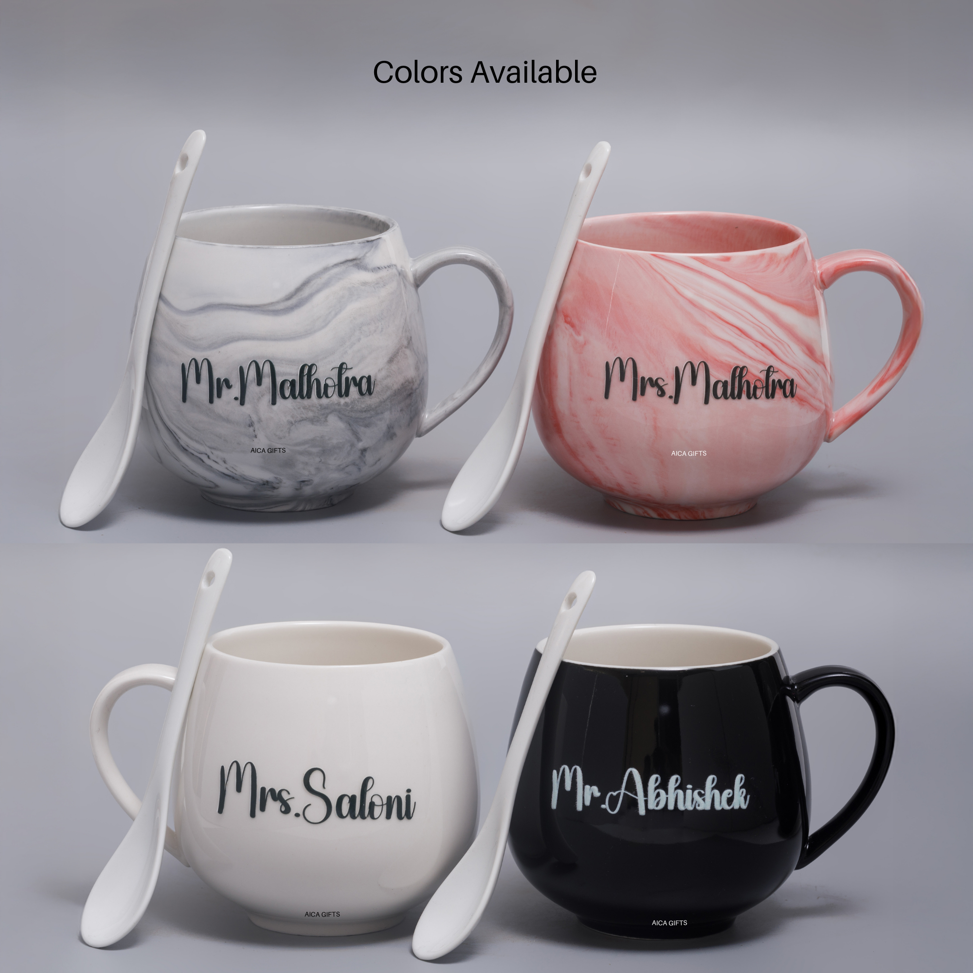AICA Personalized Name Couple Ceramic Coffee Mug Set - 2pcs (Pink & Grey) 350ml with Spoon