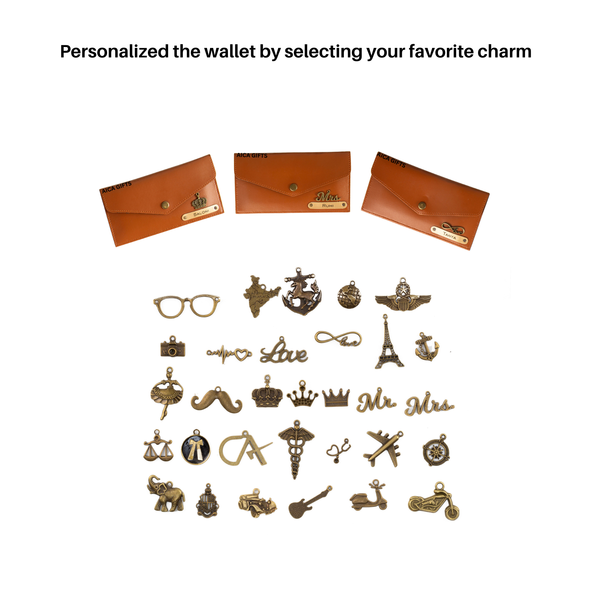 AICA Personalised Name & Charm Leather Wallet Gift for Women (TanBrown) | Customise Wallet Gifts for Women
