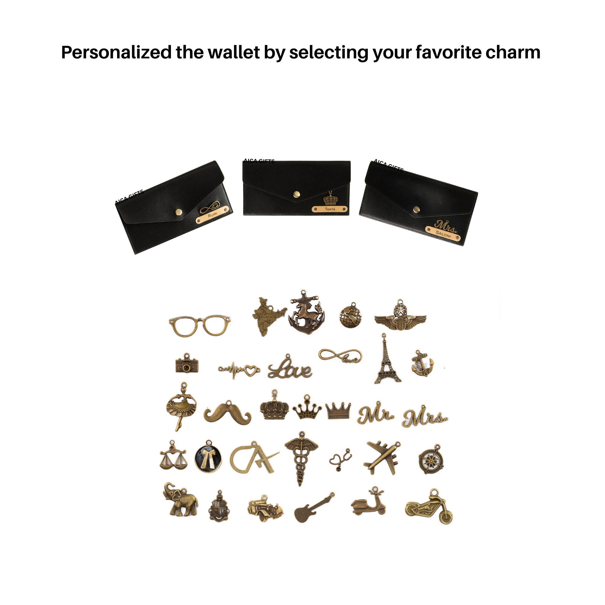AICA Personalised Name & Charm Leather Wallet Gift for Women (NavyBlue) | Wedding Anniversary Marriage Gifts for Women Wife Friend