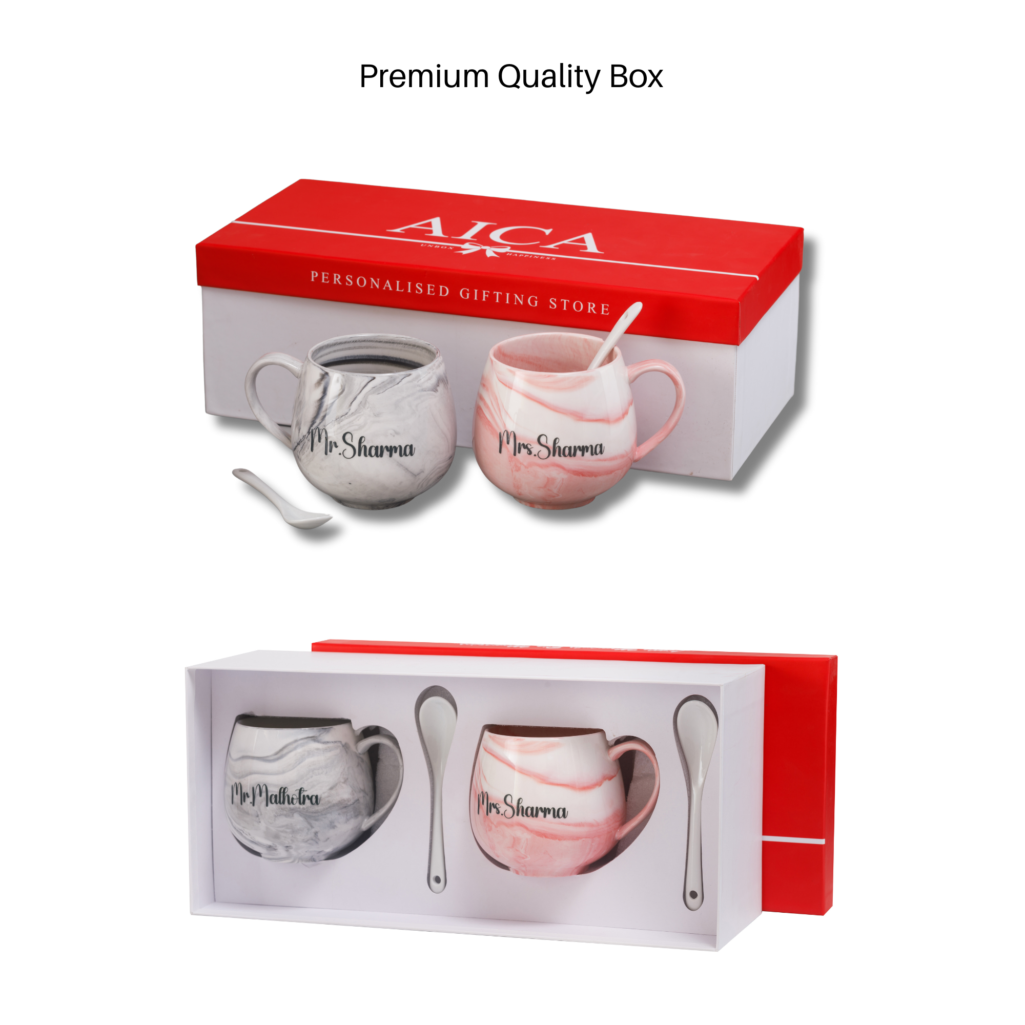 AICA Personalized Name Couple Ceramic Coffee Mug Set - 2pcs (Pink & Grey) 350ml with Spoon
