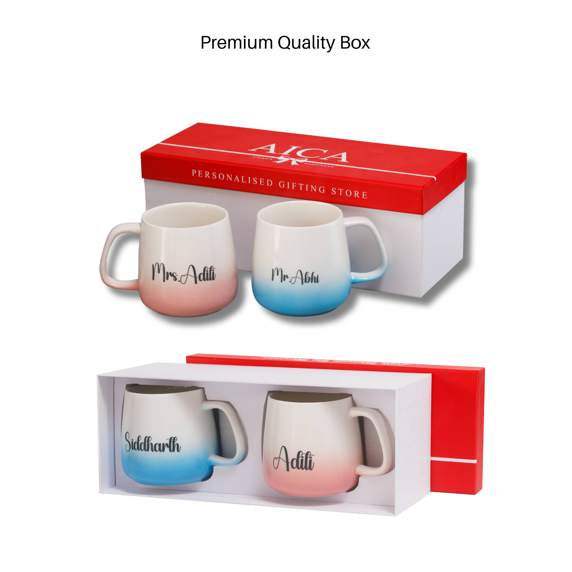 AICA Personalized Mr Mrs Couple Coffee Mugs Set 350ml |Customized Gift for Valentine Wedding Birthday Anniversary Gift for Husband Wife Girlfriend Boyfriend Groom Bride (Blue & Pink)