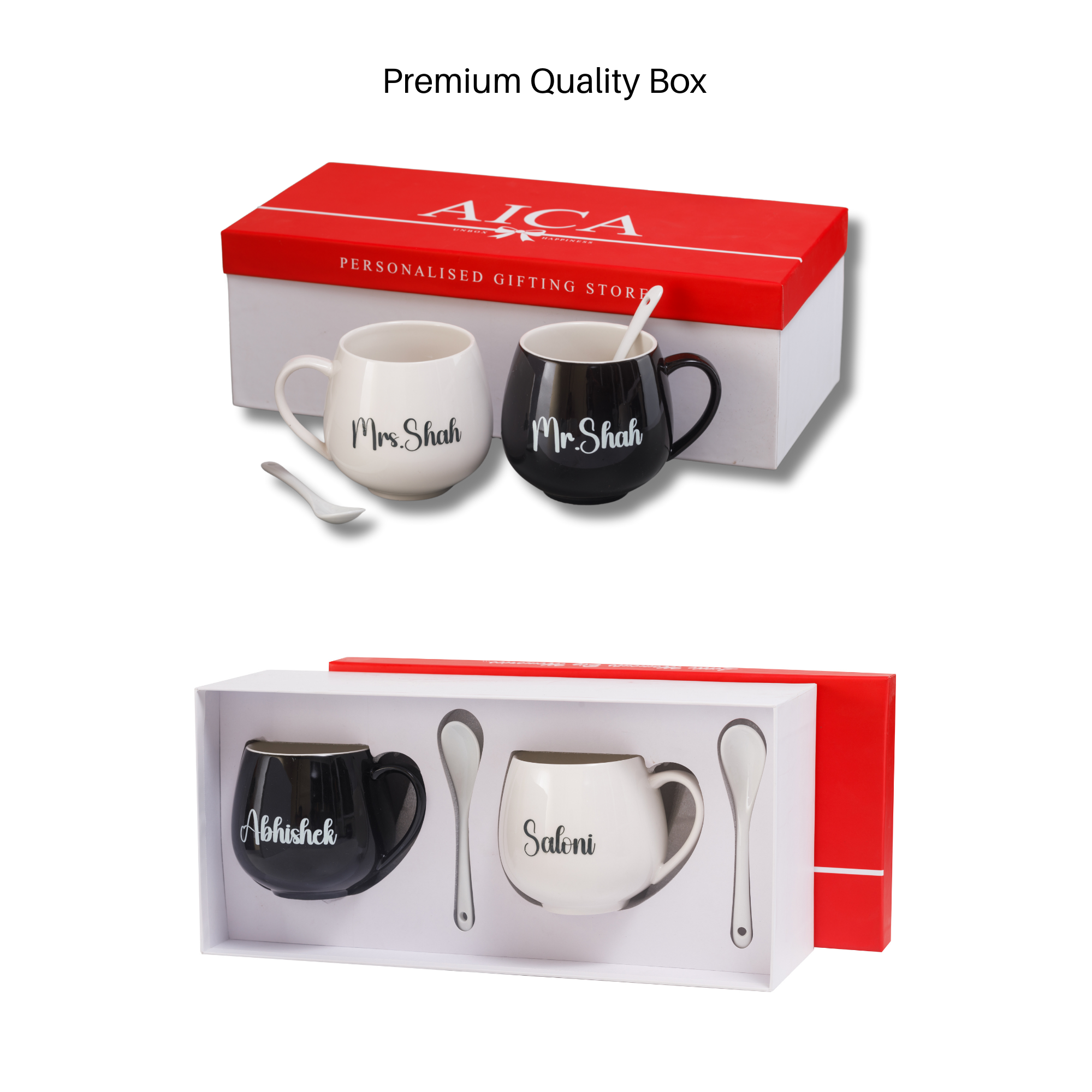 AICA Personalized Name Couple Ceramic Coffee Mug Set - 2pcs (Black & White) 350ml with Spoon