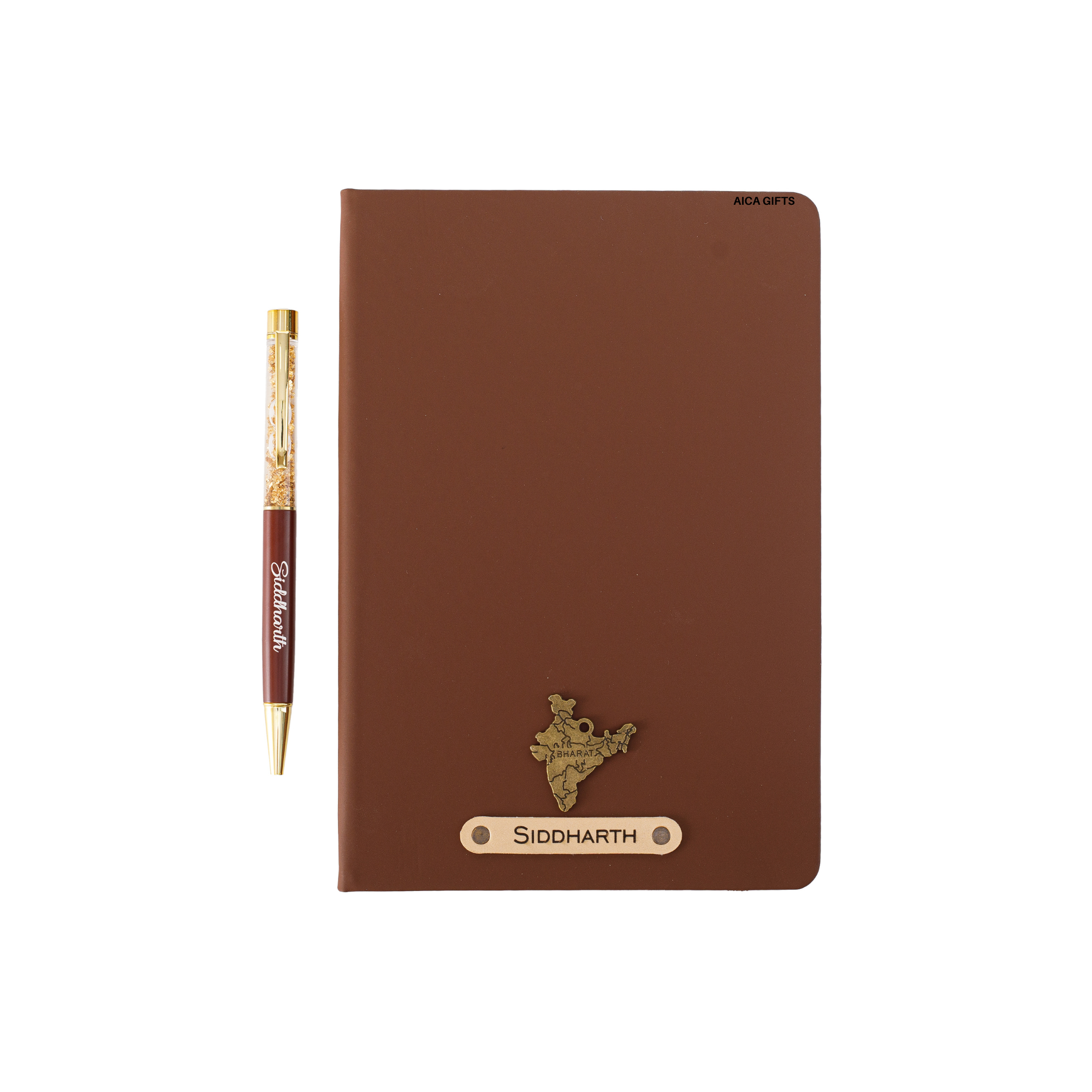 Aica Personalized Black Leather Diary & Golden Pen Combo for Men & Women | Customized Name & Charm, Matching Pen & Journal, Corporate Office Gifts for Staff, Employees, Clients, Managers, Bosses (Dark Brown)