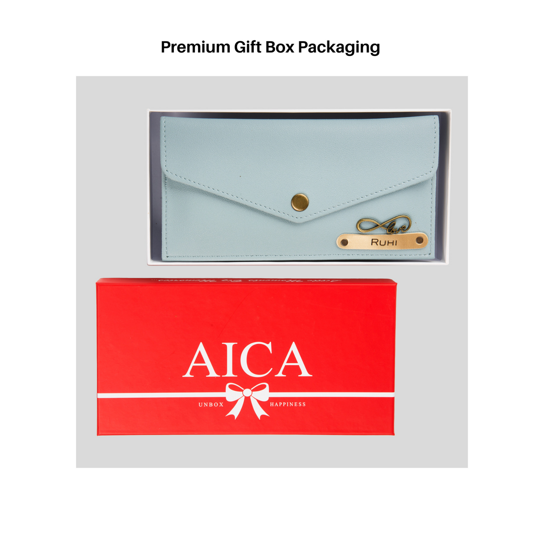 AICA Personalised Name & Charm Leather Wallet Gift for Women (Babyblue) | Womens Day Gift for Ladies Women Wife Girlfriend Mom Sister