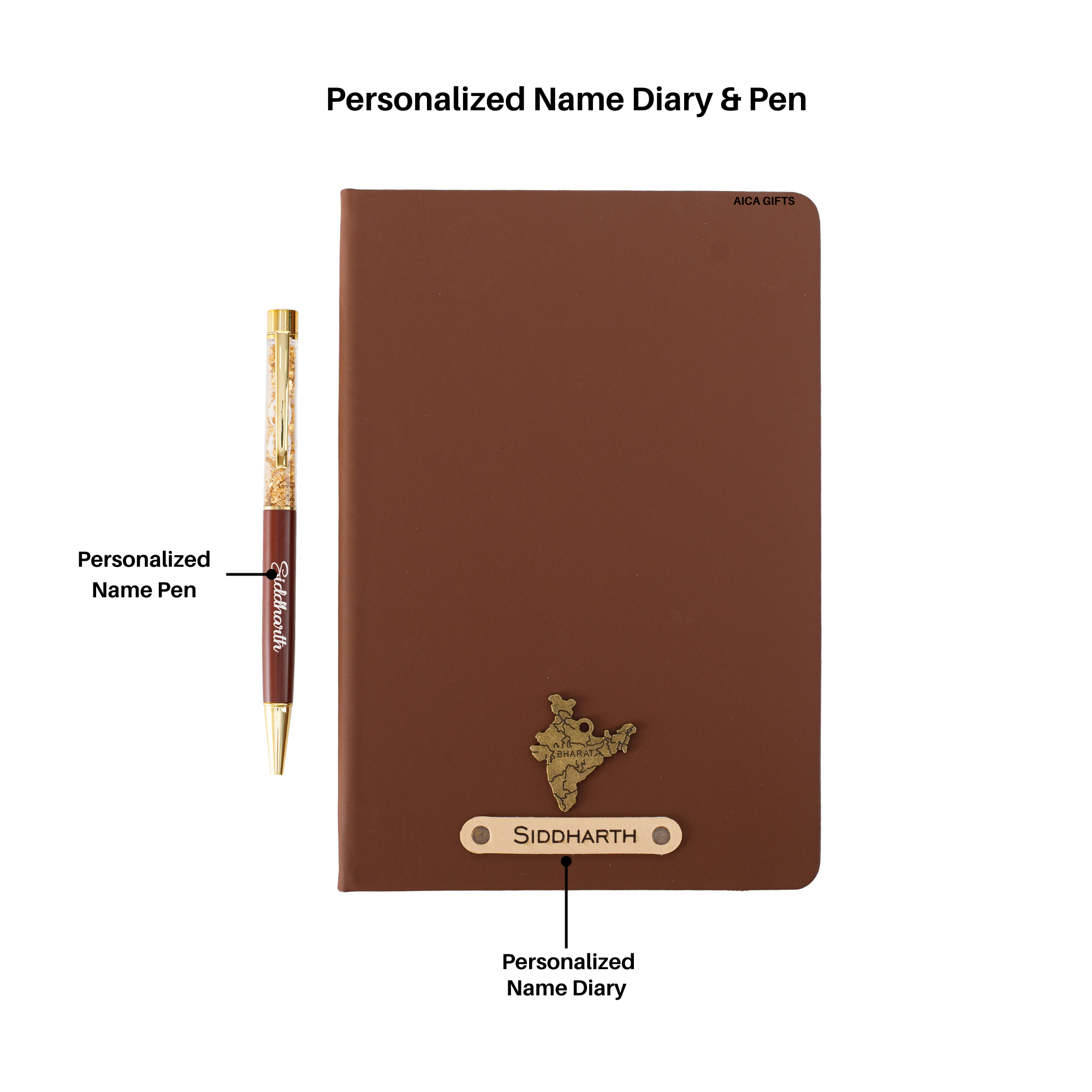 Aica Personalized Black Leather Diary & Golden Pen Combo for Men & Women | Customized Name & Charm, Matching Pen & Journal, Corporate Office Gifts for Staff, Employees, Clients, Managers, Bosses (Dark Brown)