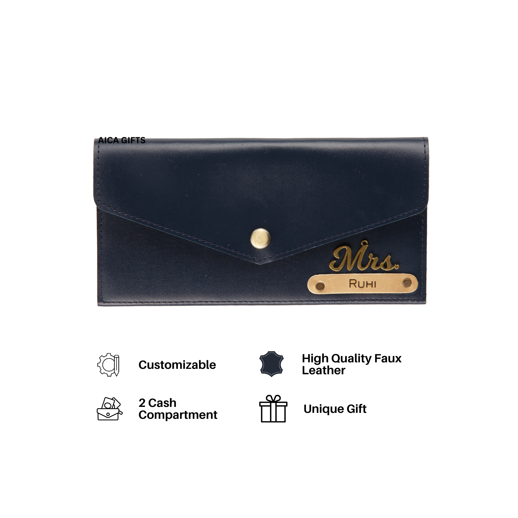 AICA Personalised Name & Charm Leather Wallet Gift for Women (NavyBlue) | Wedding Anniversary Marriage Gifts for Women Wife Friend