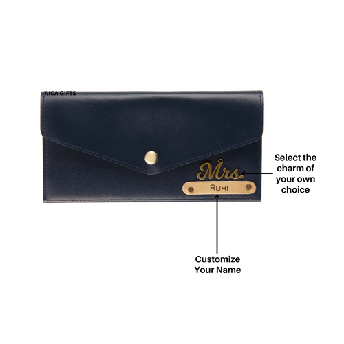 AICA Personalised Name & Charm Leather Wallet Gift for Women (NavyBlue) | Wedding Anniversary Marriage Gifts for Women Wife Friend