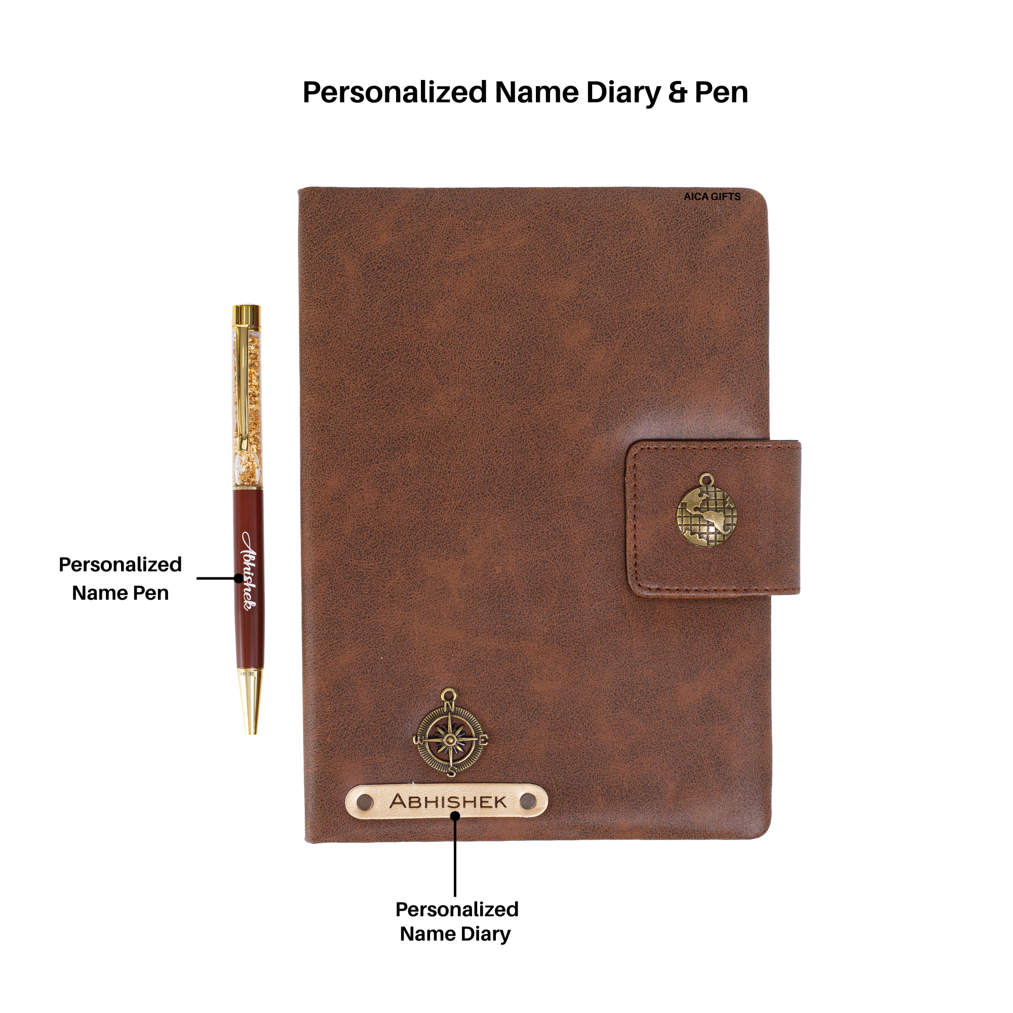 Aica Personalized Magnetic Leather Diary & Golden Pen Combo Gift Set for Men & Women