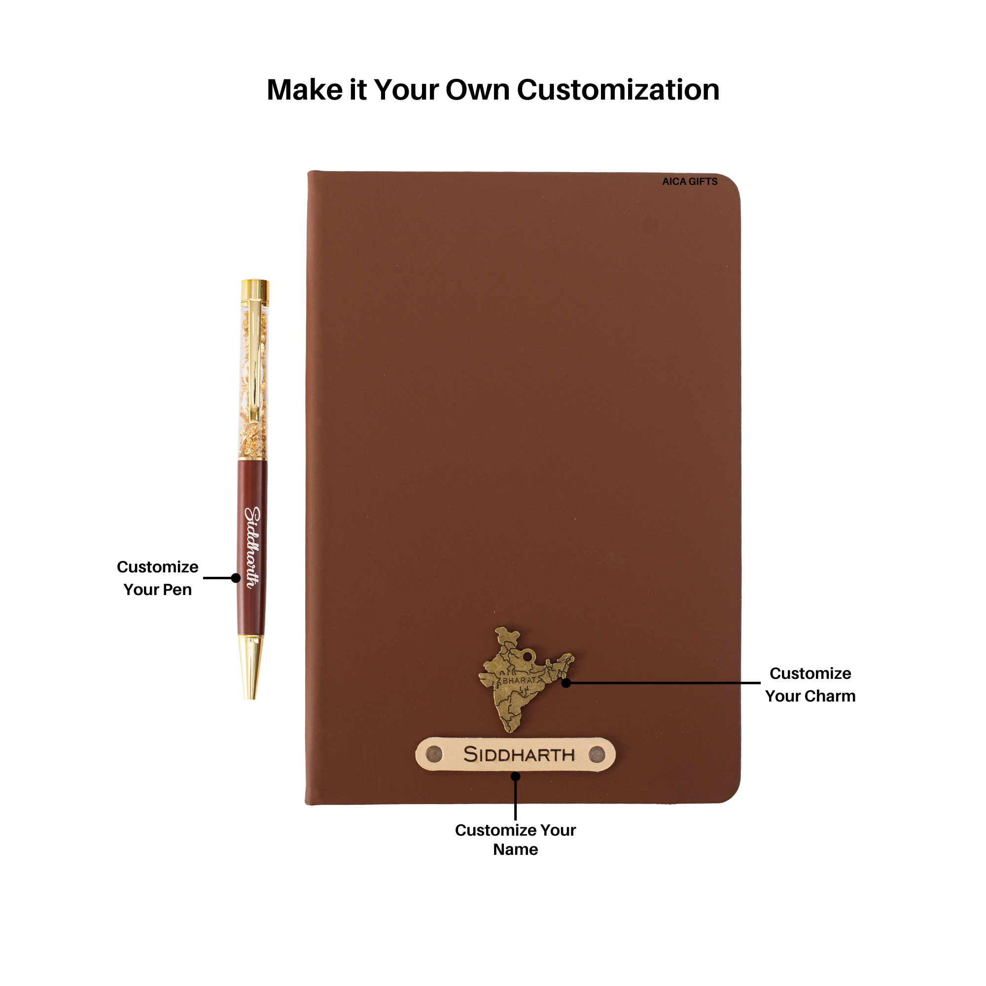 Aica Personalized Black Leather Diary & Golden Pen Combo for Men & Women | Customized Name & Charm, Matching Pen & Journal, Corporate Office Gifts for Staff, Employees, Clients, Managers, Bosses (Dark Brown)