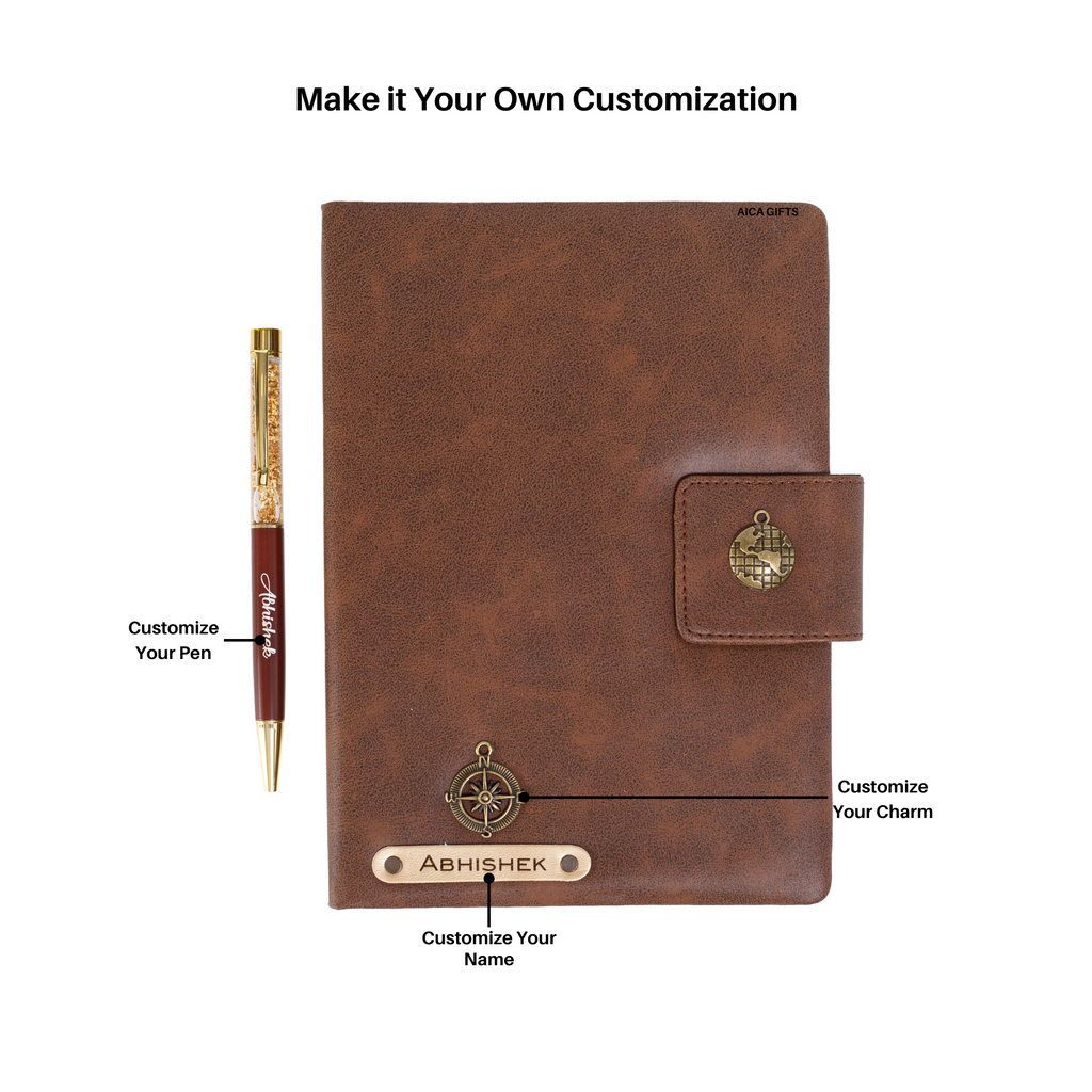 Aica Personalized Magnetic Leather Diary & Golden Pen Combo Gift Set for Men & Women