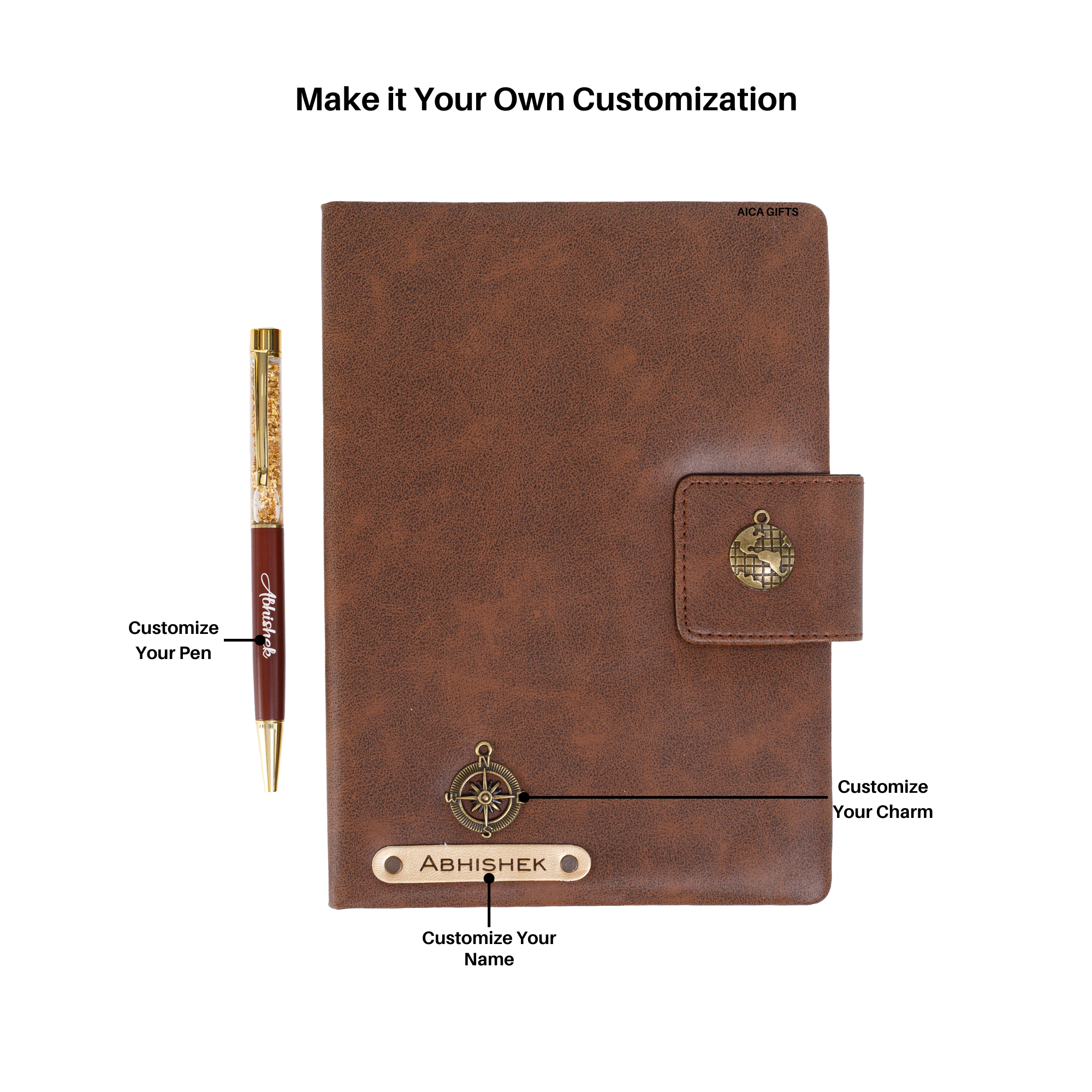 Aica Personalized Magnetic Leather Diary & Golden Pen Combo Gift Set for Men & Women