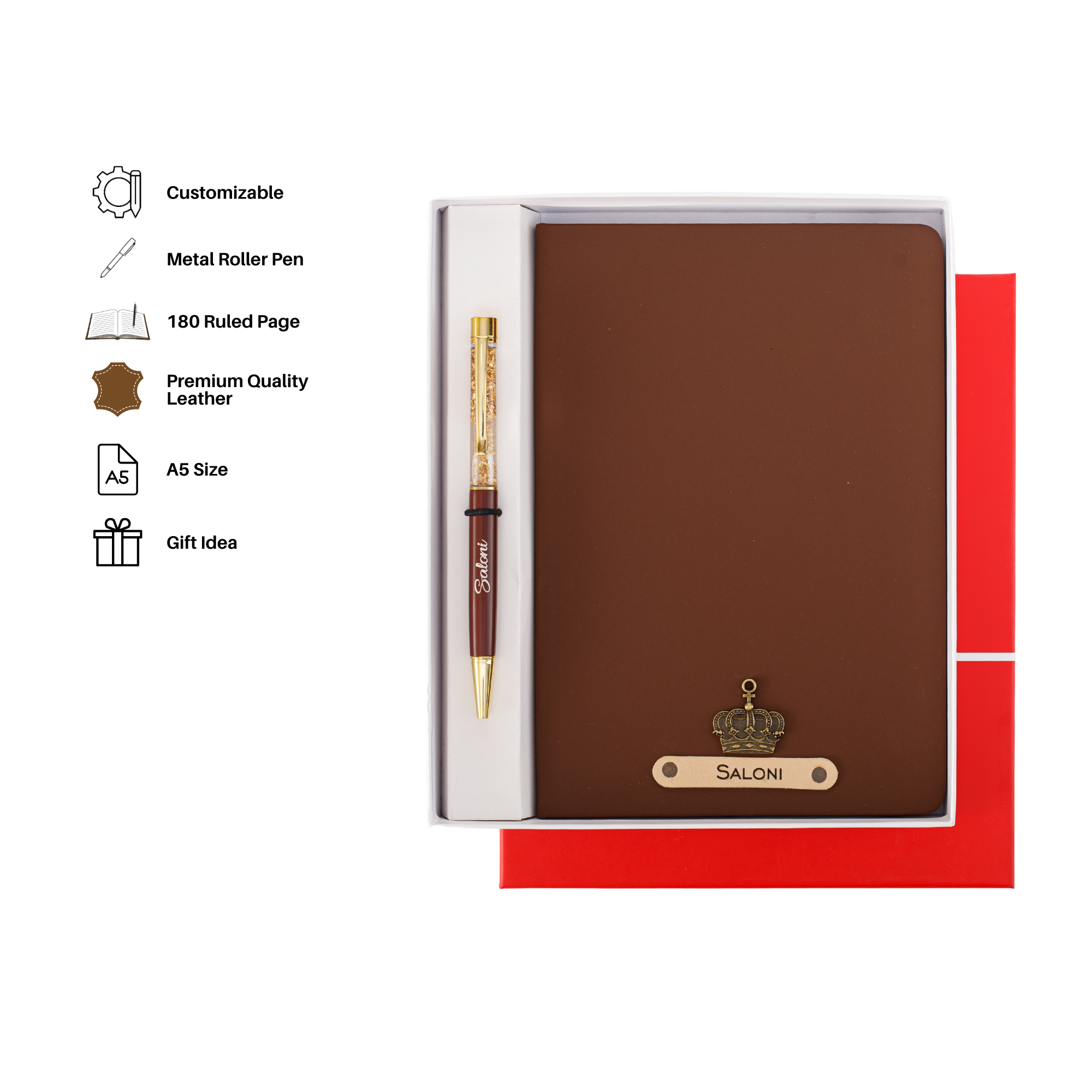 Aica Personalized Black Leather Diary & Golden Pen Combo for Men & Women | Customized Name & Charm, Matching Pen & Journal, Corporate Office Gifts for Staff, Employees, Clients, Managers, Bosses (Dark Brown)
